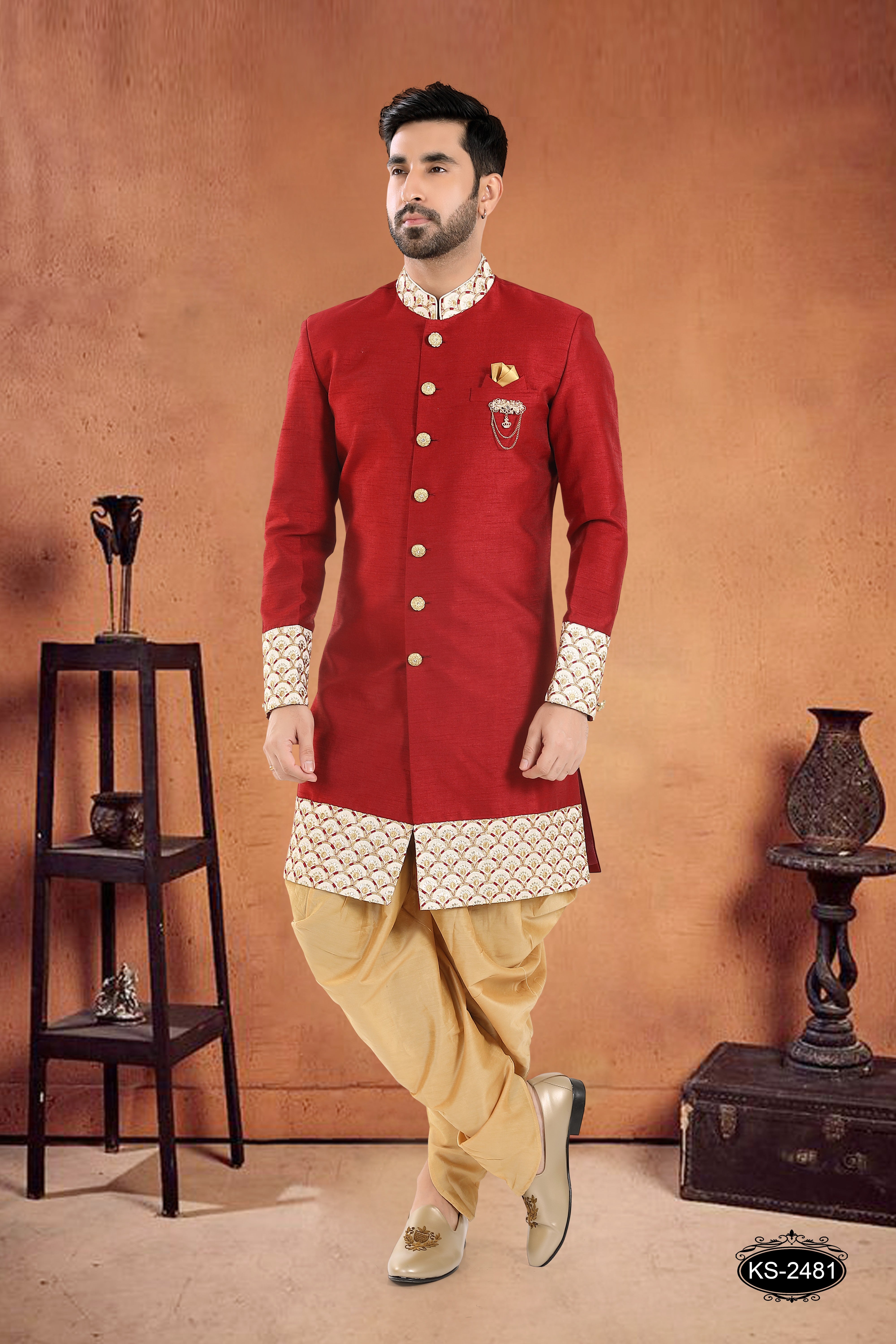 INDO-WESTERN SET IN RED HUE WITH DESIGNER PATTA