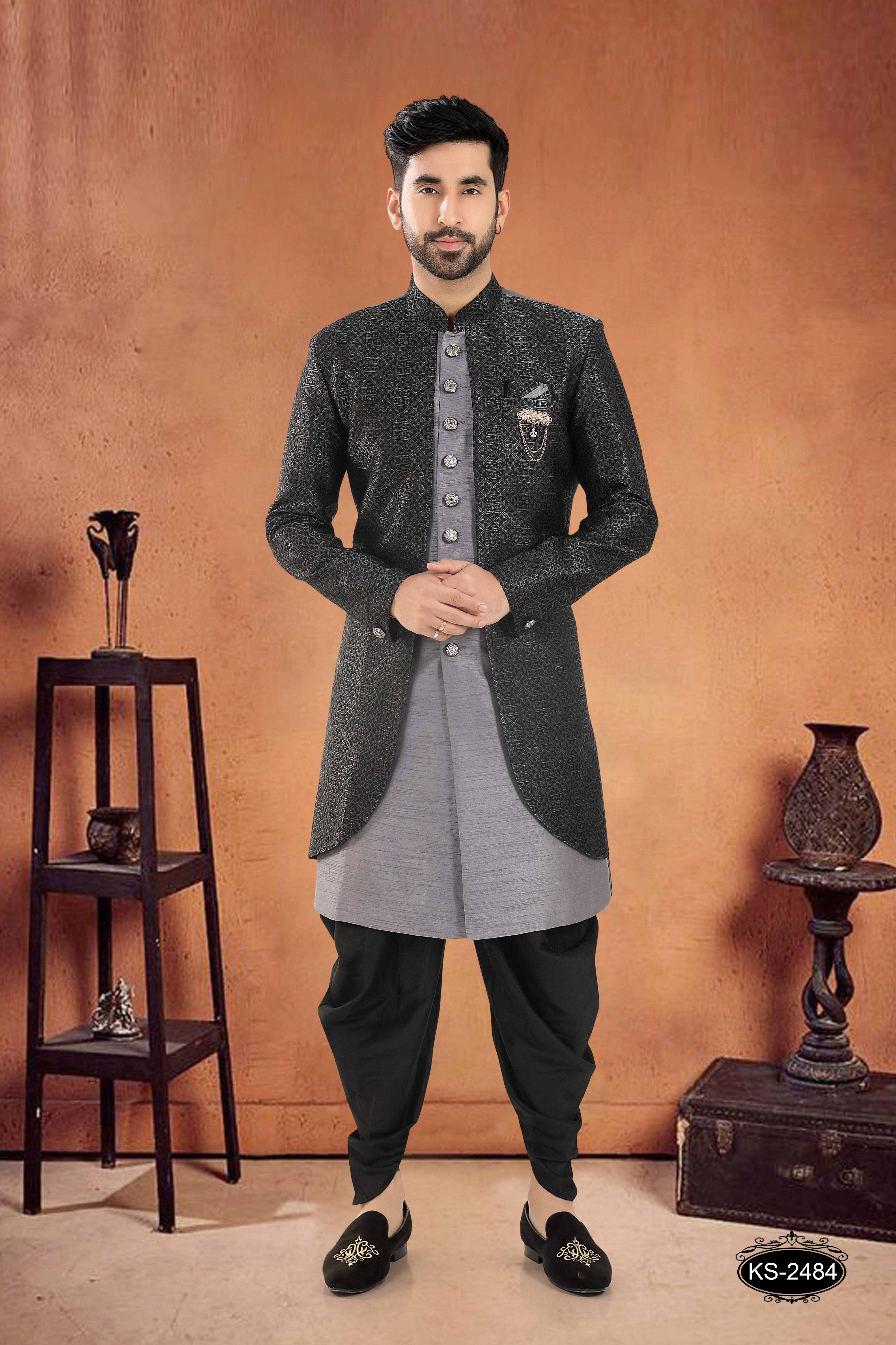 BLACK HUE INDO-WESTERN SET WITH DESIGNER JACKET IN UNIQUE PATTERN