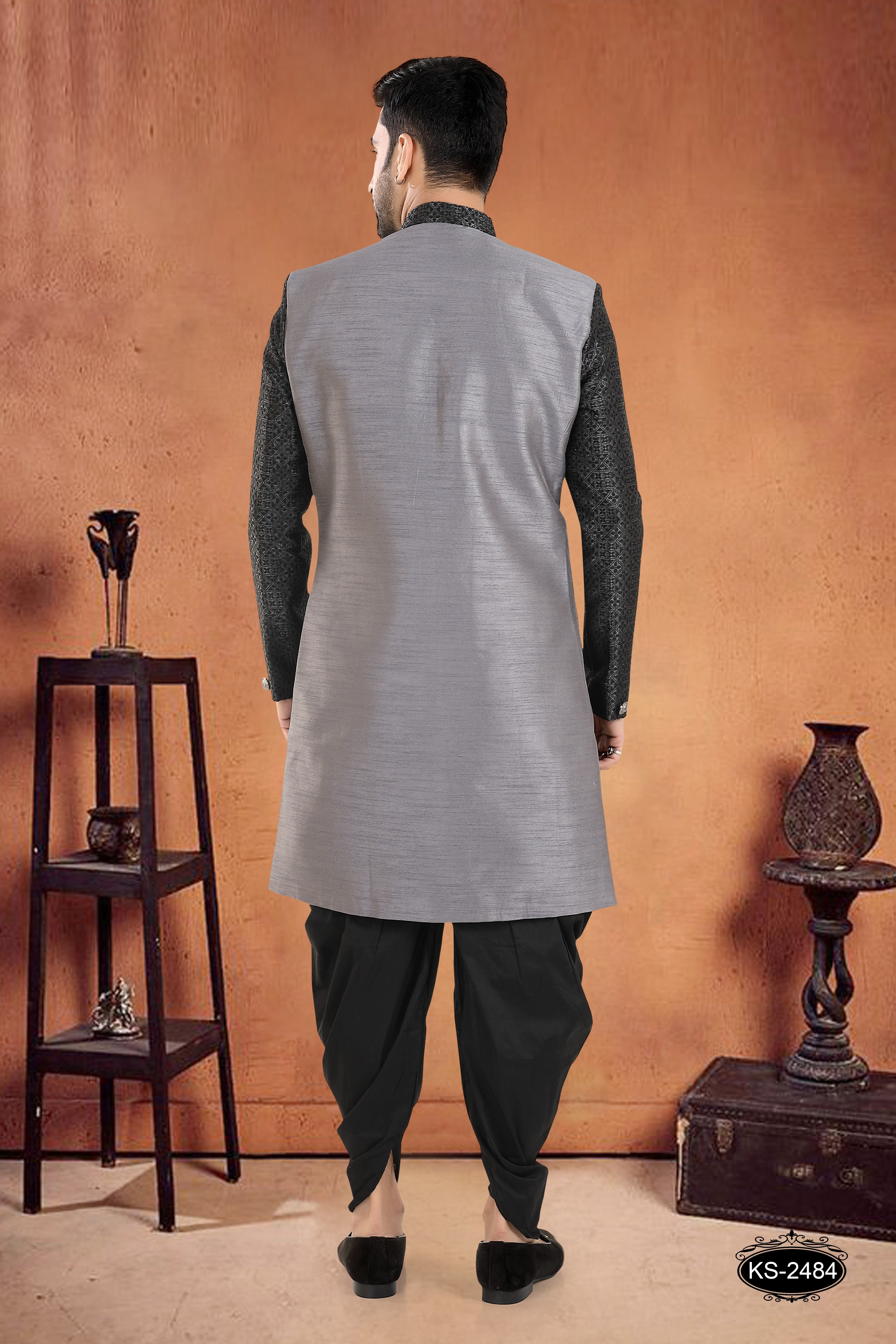 BLACK HUE INDO-WESTERN SET WITH DESIGNER JACKET IN UNIQUE PATTERN