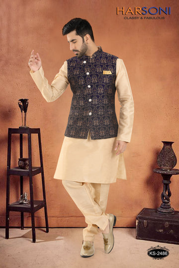 JACKET KURTA SET IN BLUE WITH SELF-DESIGN