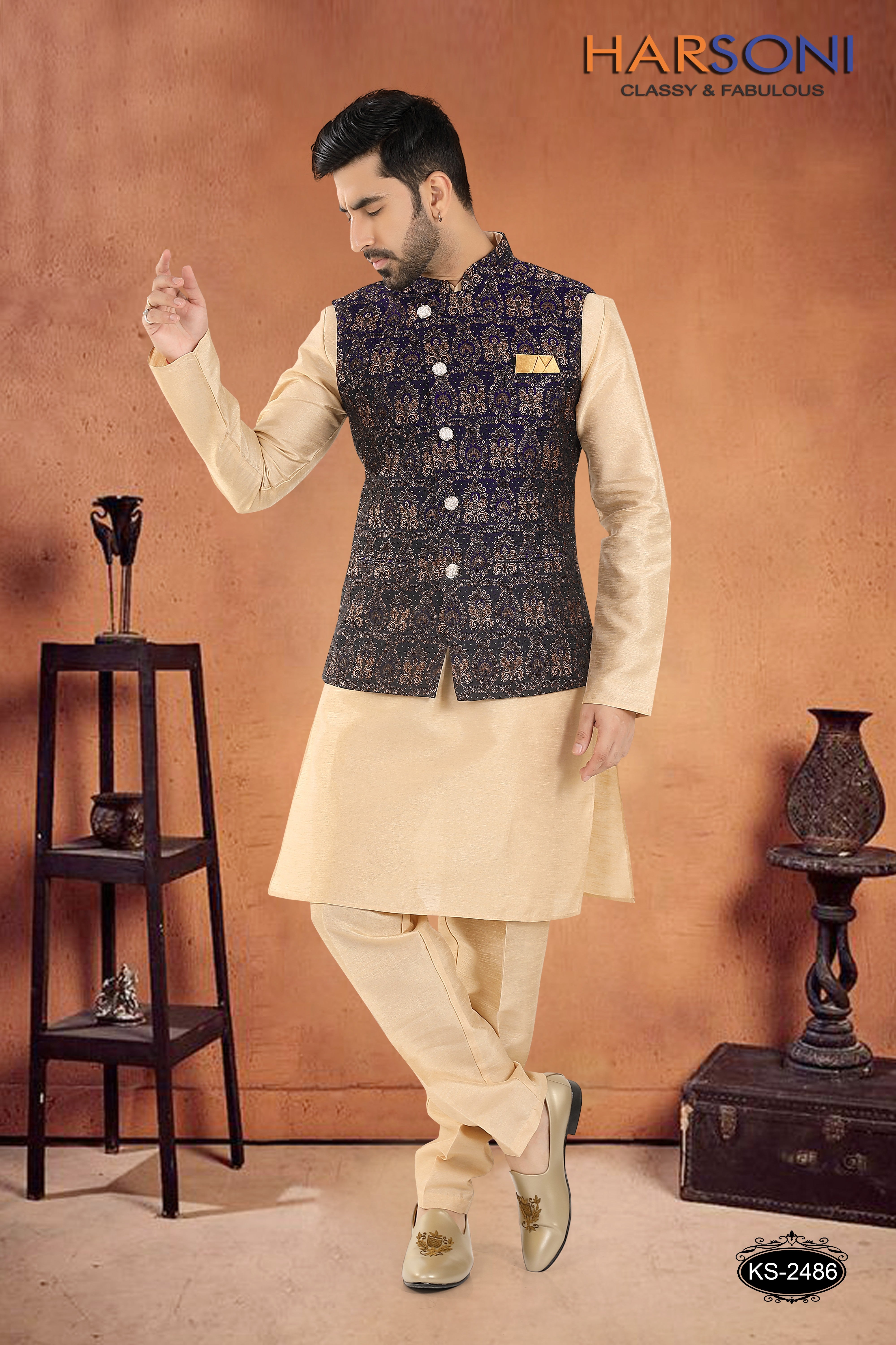 JACKET KURTA SET IN BLUE WITH SELF-DESIGN