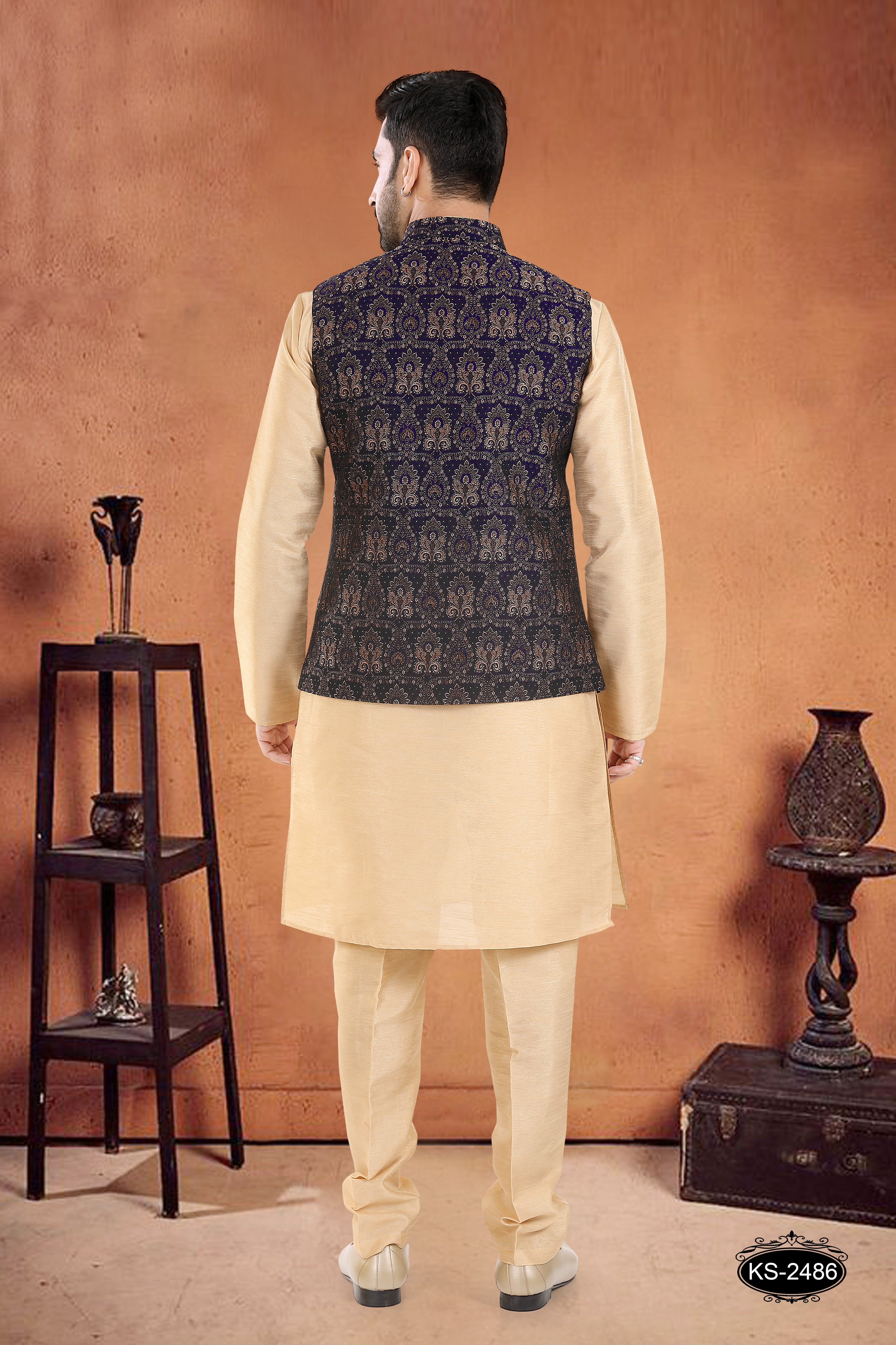 JACKET KURTA SET IN BLUE WITH SELF-DESIGN