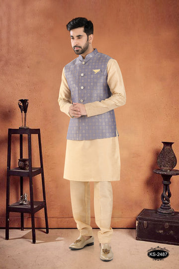 GREY JACKET KURTA SET WITH SELF-DESIGN ALL-OVER