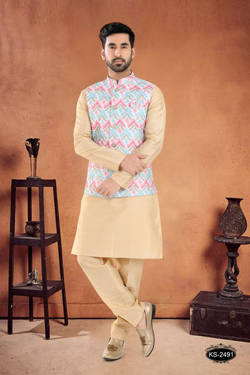 MULTI-TONE JACKET KURTA SET WITH THREAD EMBROIDERY ALL-OVER