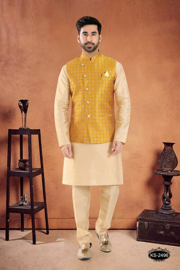 JACKET KURTA SET IN YELLOW TONE WITH SELF-DESIGN