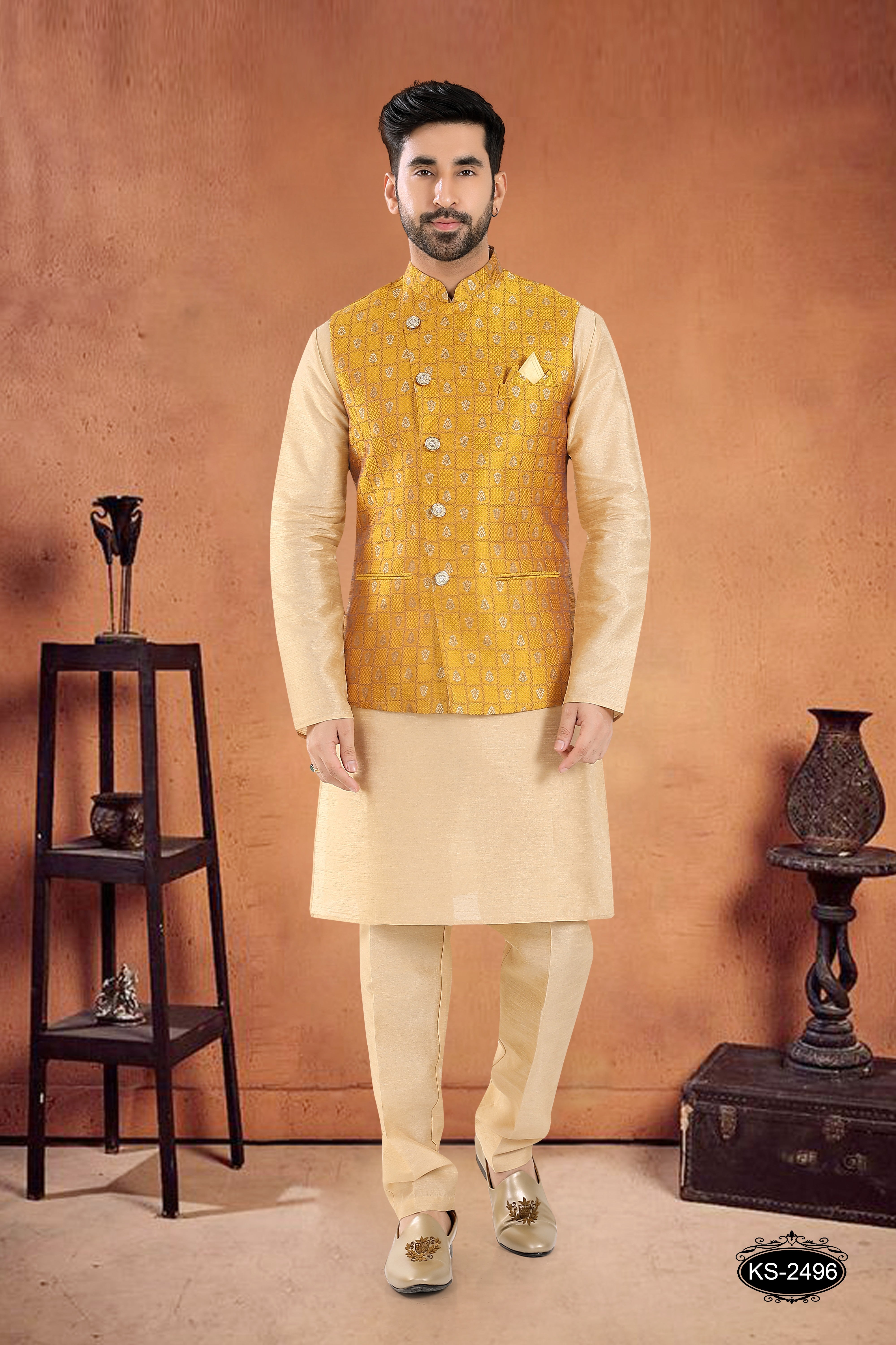 JACKET KURTA SET IN YELLOW TONE WITH SELF-DESIGN