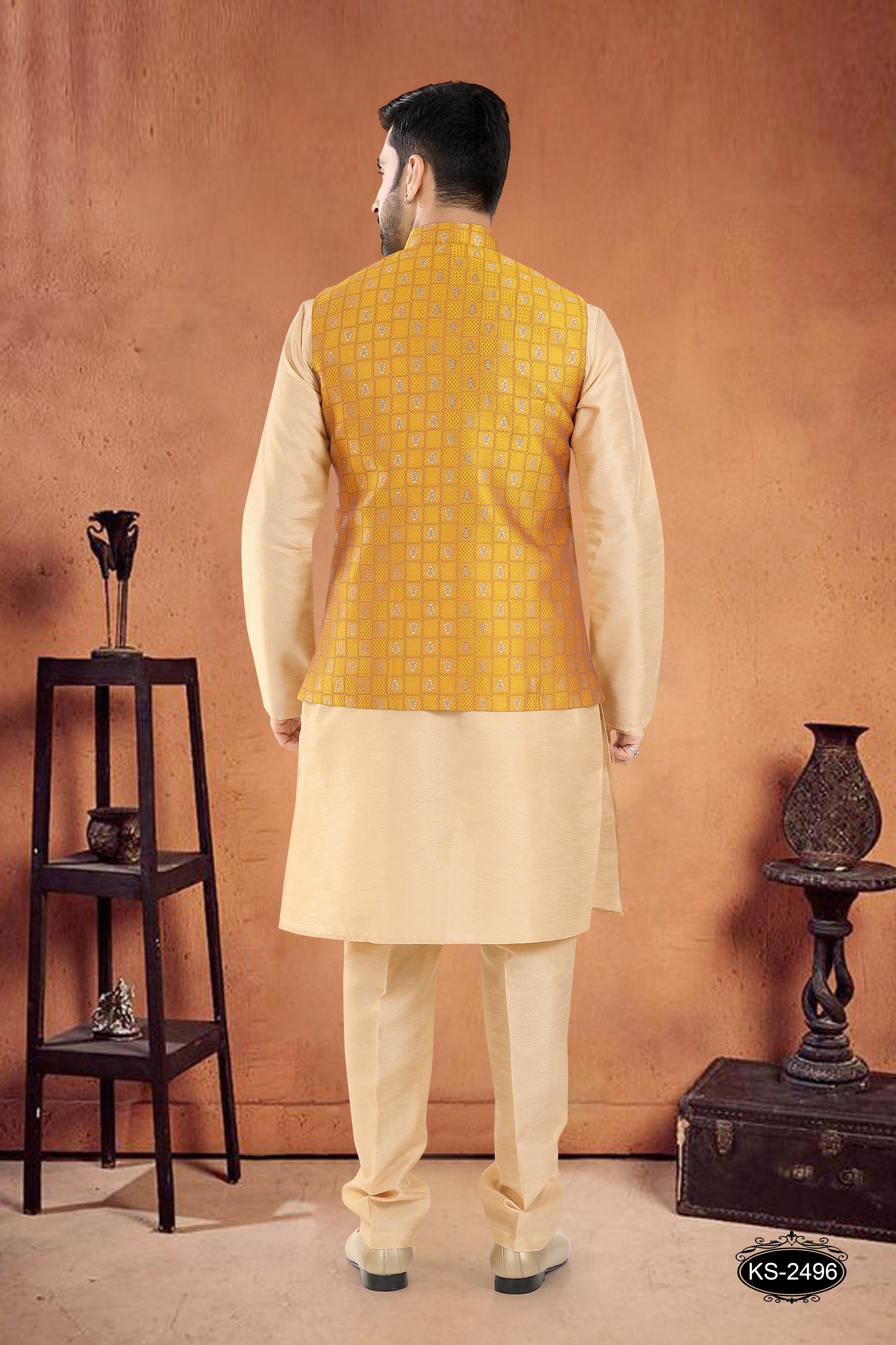 JACKET KURTA SET IN YELLOW TONE WITH SELF-DESIGN