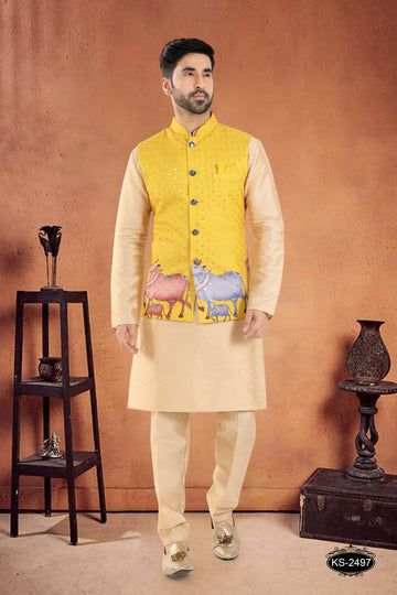 DESIGNER YELLOW JACKET WITH GOLD KURTA SET