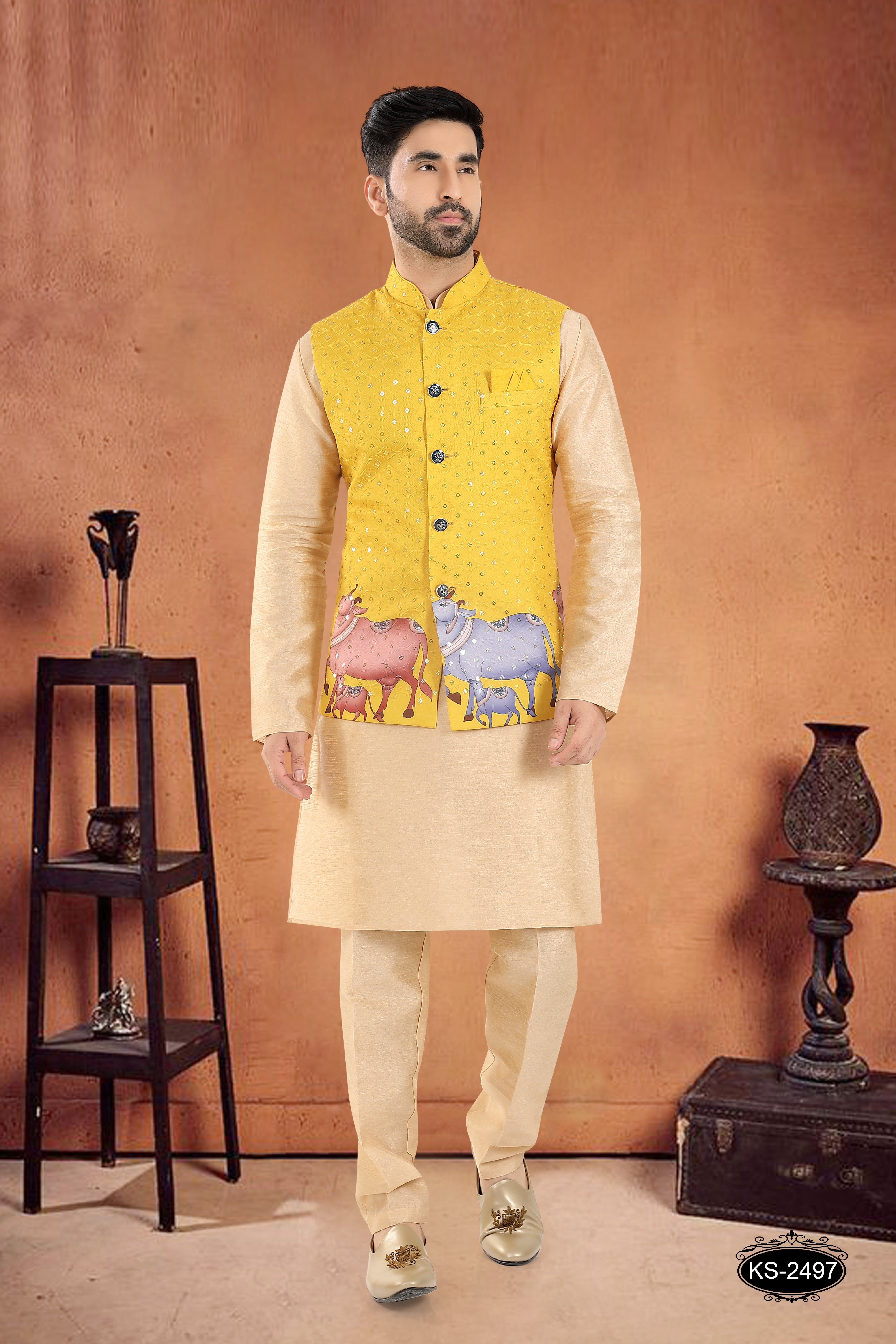 DESIGNER YELLOW JACKET WITH GOLD KURTA SET