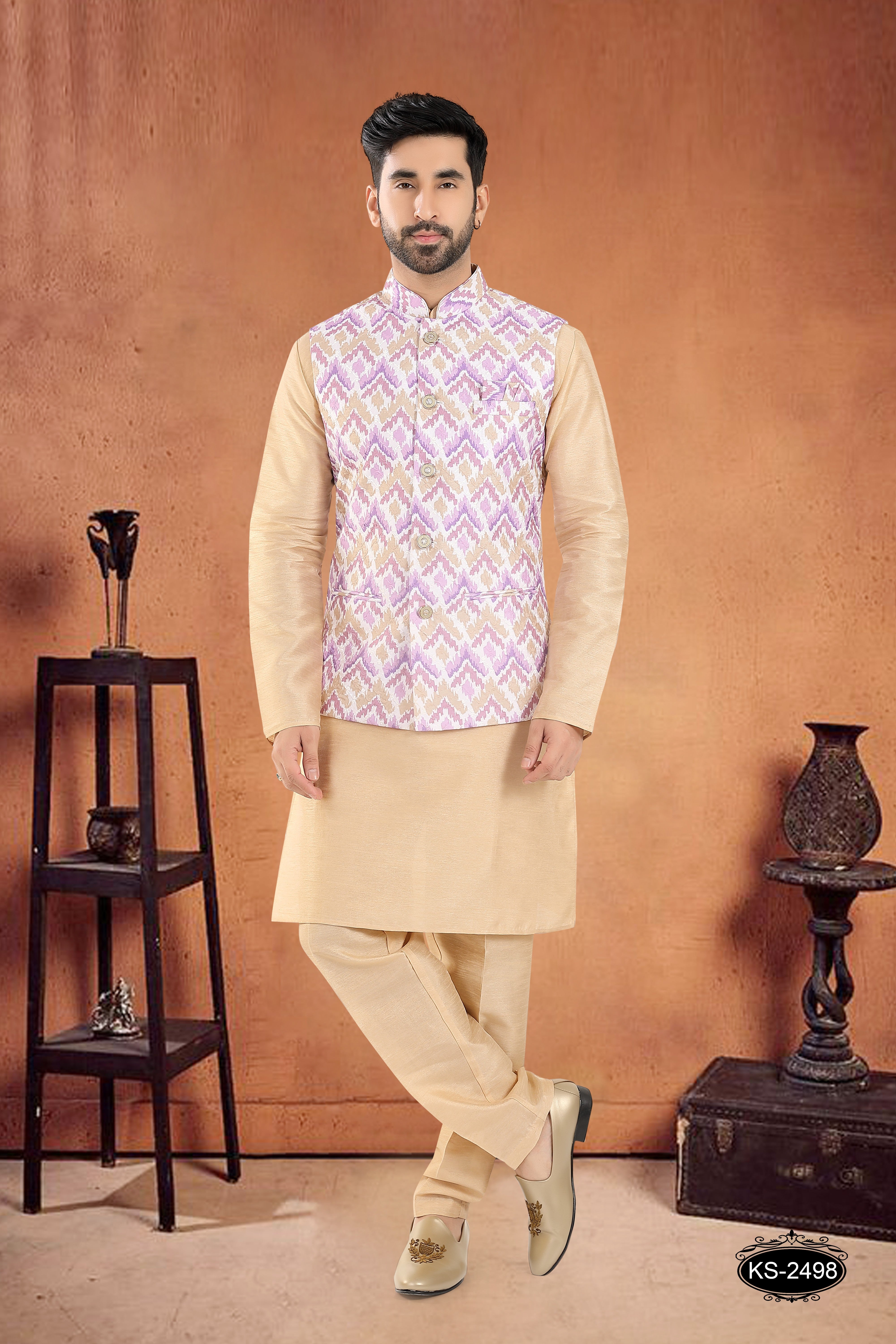 PURPLE JACKET WITH GOLD KURTA SET IN SILK
