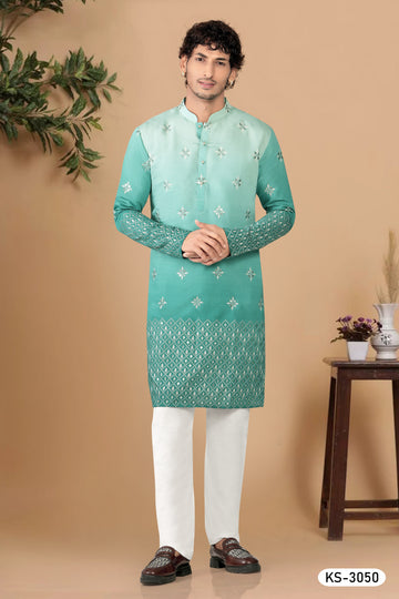 HEAVY MIRROR WORK WITH PANEL INDO-WESTERN SET IN GREENISH BLUE