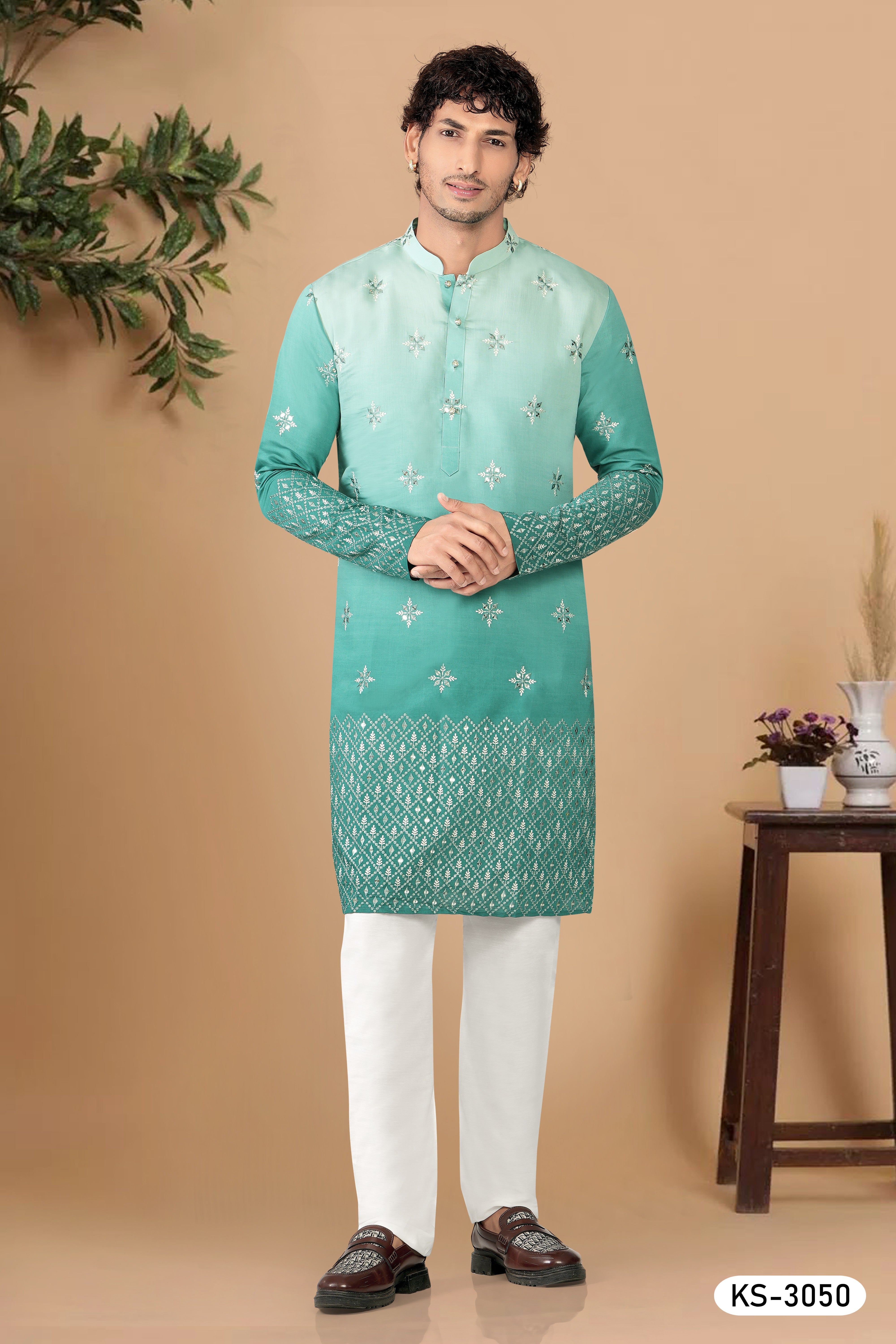 HEAVY MIRROR WORK WITH PANEL INDO-WESTERN SET IN GREENISH BLUE