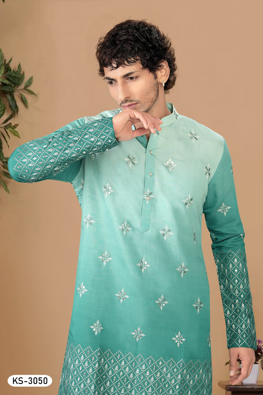 HEAVY MIRROR WORK WITH PANEL INDO-WESTERN SET IN GREENISH BLUE