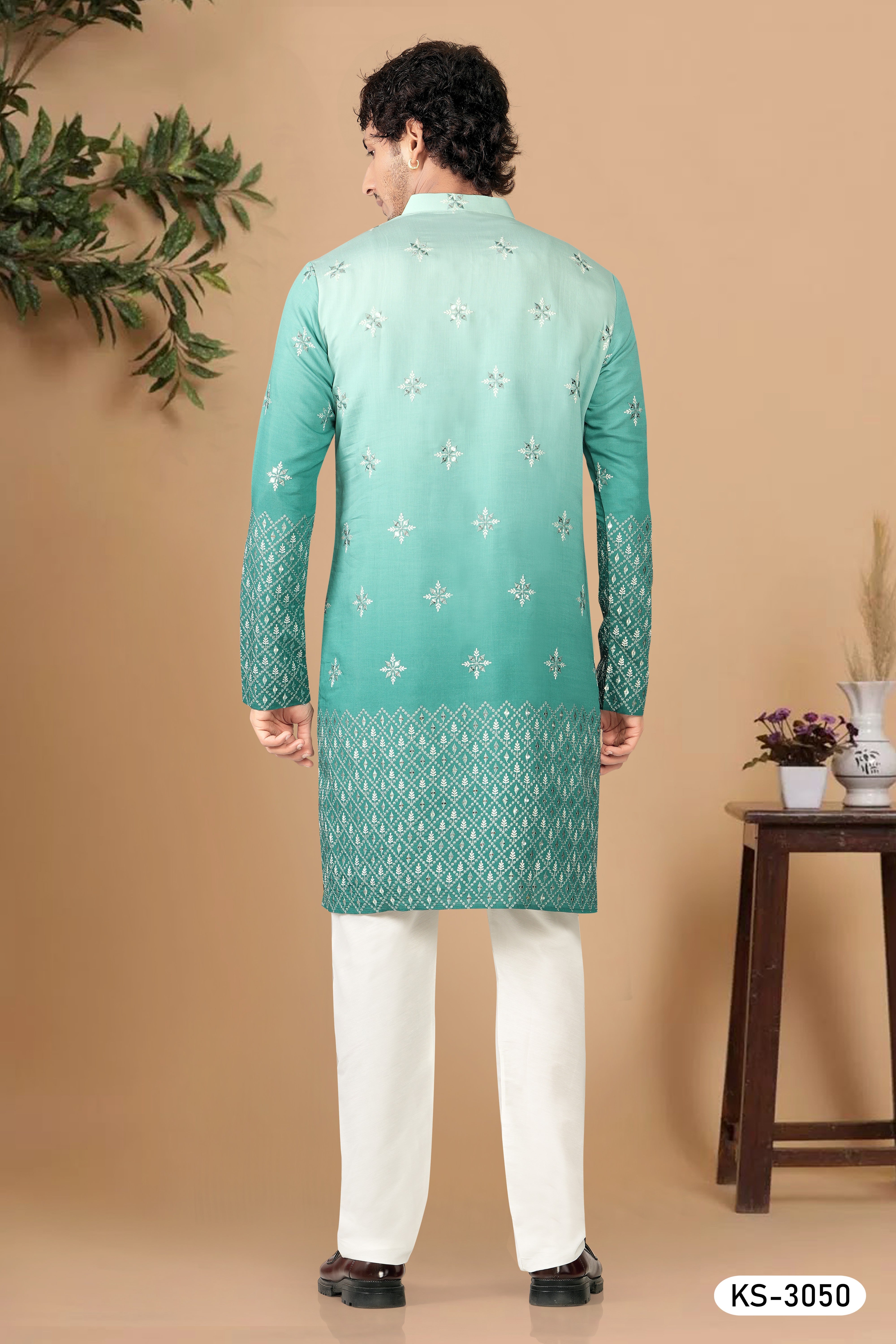 HEAVY MIRROR WORK WITH PANEL INDO-WESTERN SET IN GREENISH BLUE