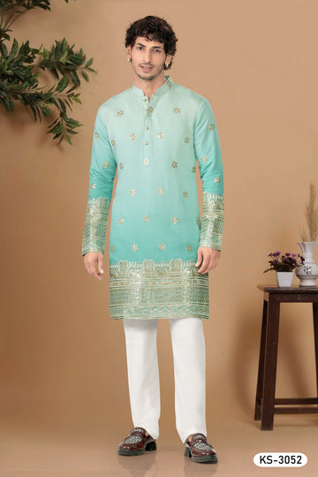 BLUISH-GREEN HUE KURTA SET WITH HEAVY THREAD EMBROIDERY PANEL