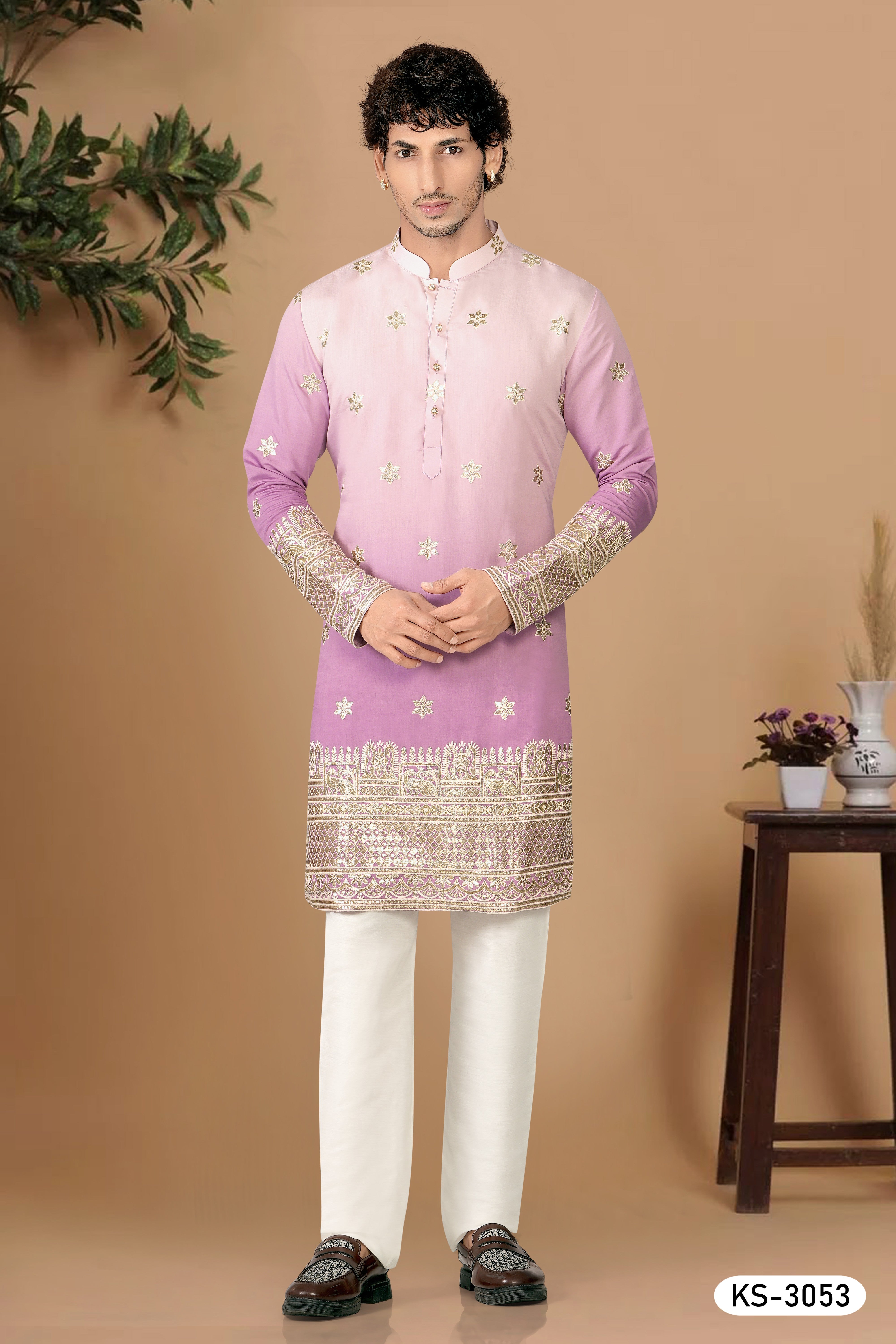 ONION-PINK HUE KURTA SET WITH HEAVY THREA EMBROIDERY PANEL