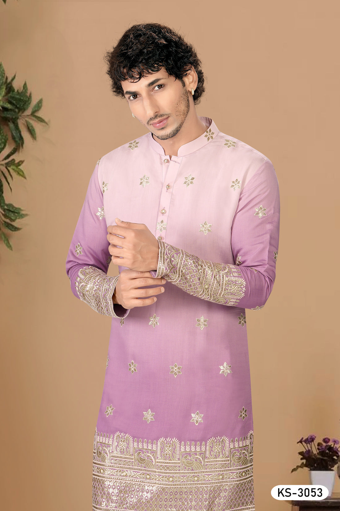 ONION-PINK HUE KURTA SET WITH HEAVY THREA EMBROIDERY PANEL