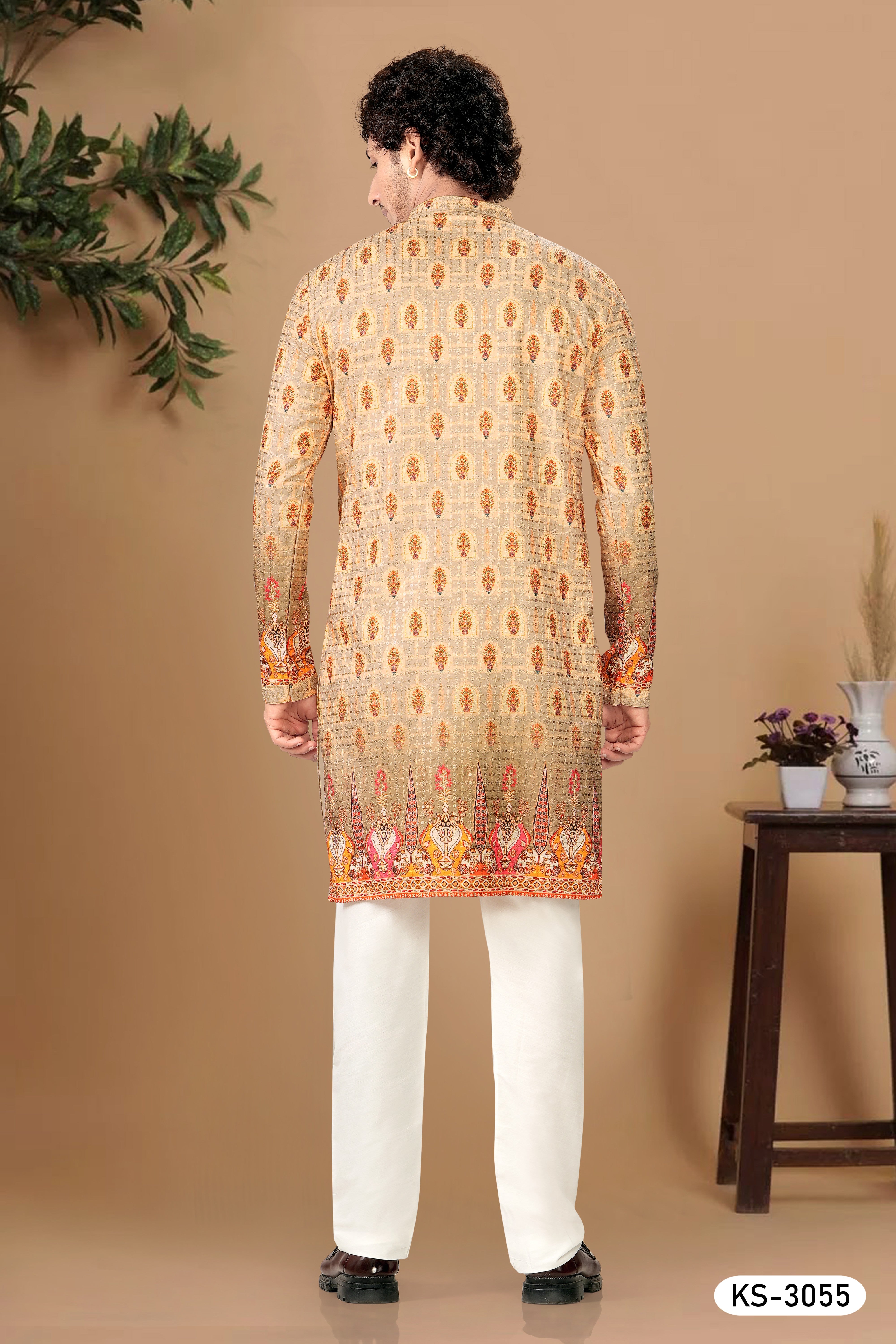GREEN-BASE ( MULTI-TONE ) KURTA SET WITH THREAD EMBROIDERY ALL-OVER