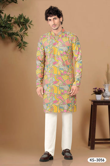 MULTI-TONE ( GREEN-BASE ) KURTA SET WITH THREAD EMBROIDERY ALL-OVER