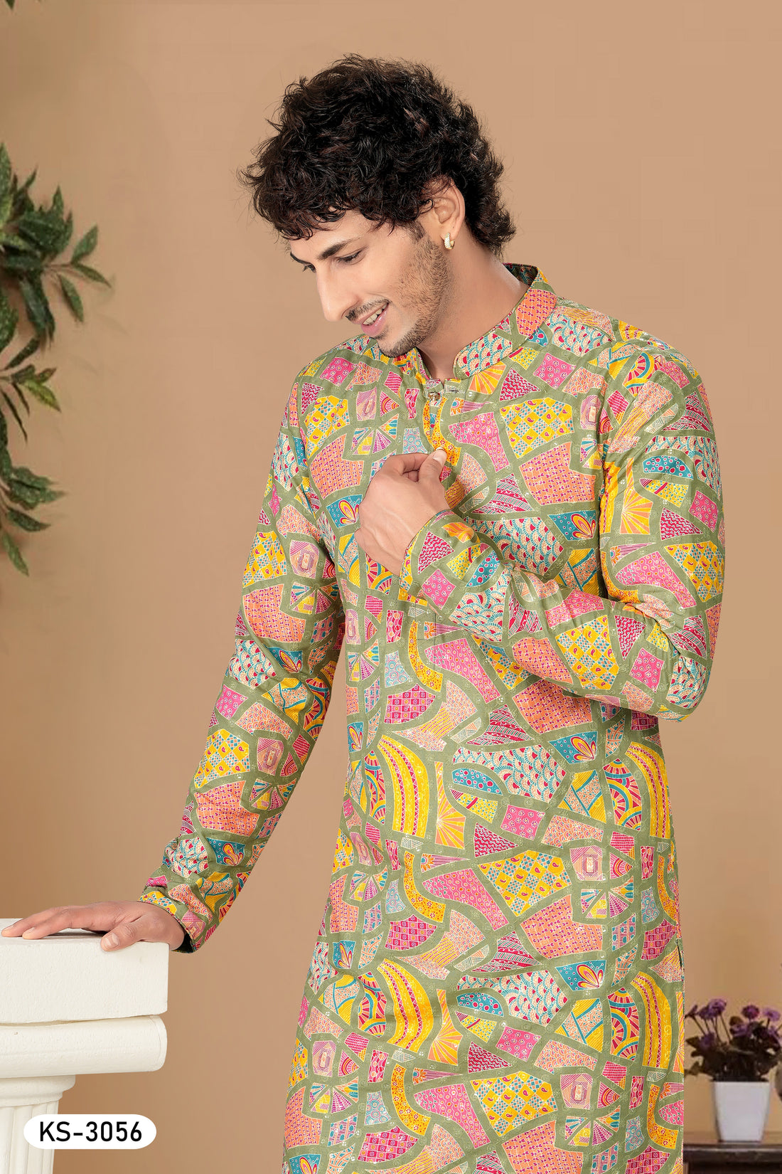 MULTI-TONE ( GREEN-BASE ) KURTA SET WITH THREAD EMBROIDERY ALL-OVER