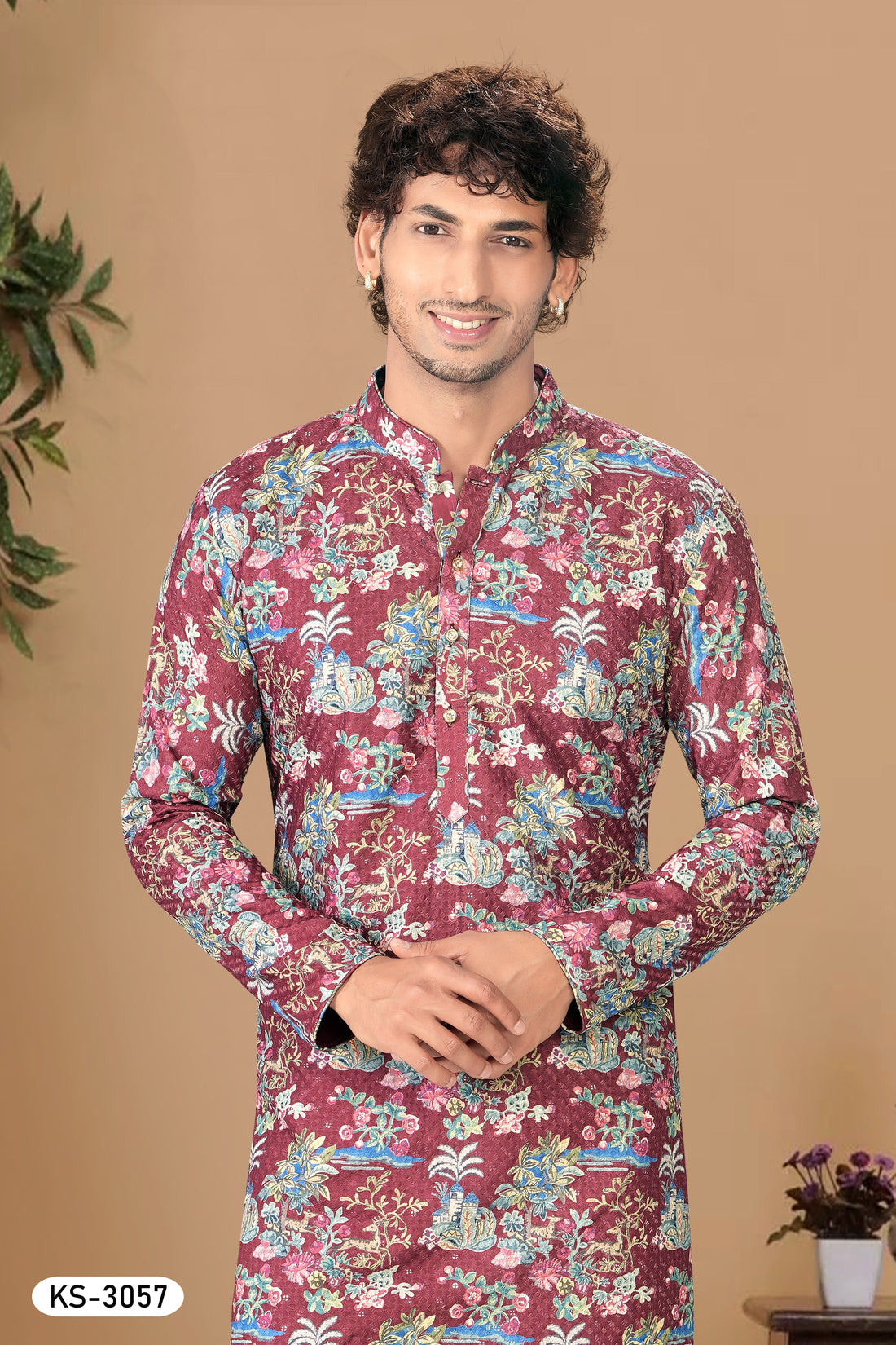 MAROON-BASE ( MULTI-TONE ) KURTA SET WITH THREAD EMBROIDERY ALL-OVER