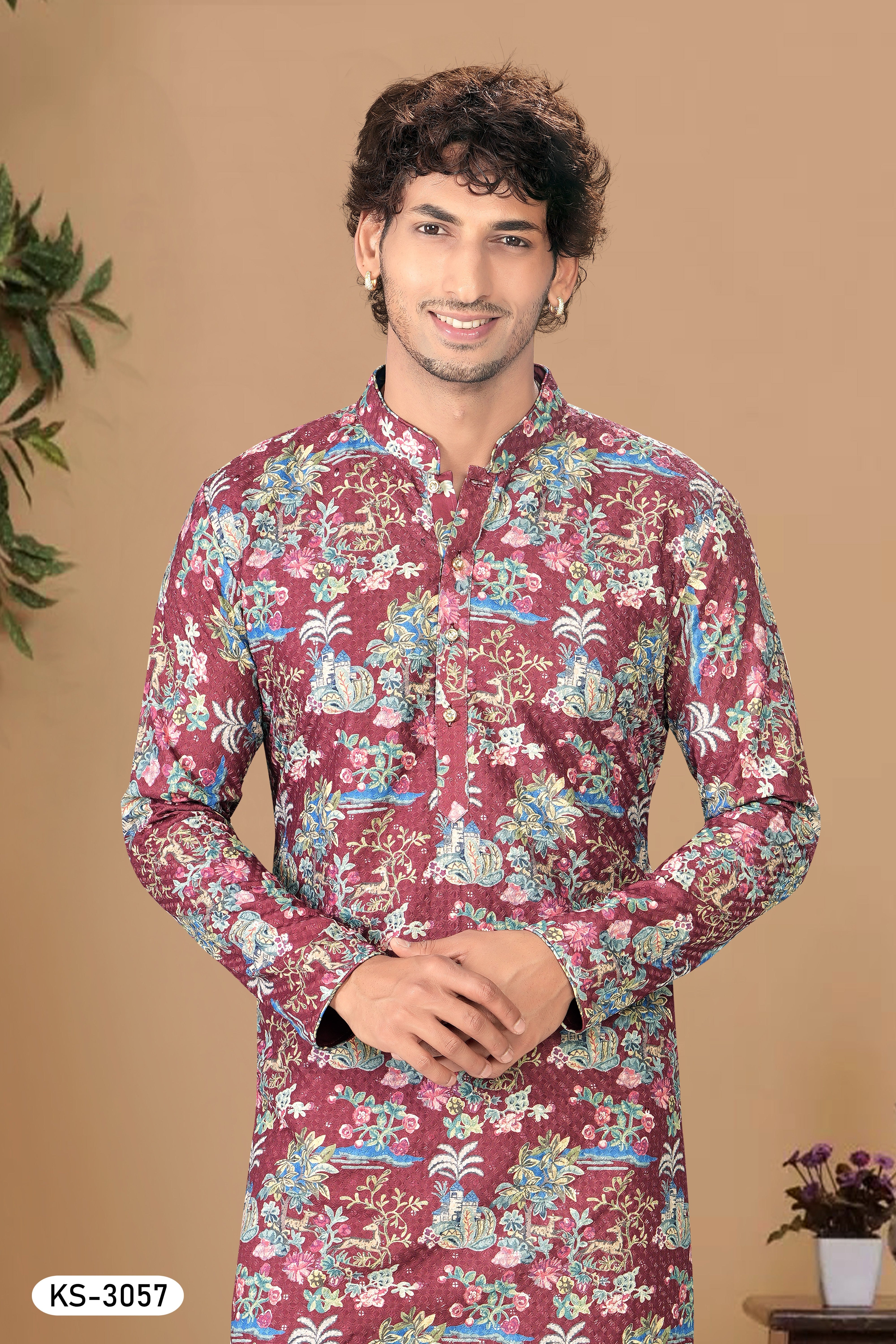 MAROON-BASE ( MULTI-TONE ) KURTA SET WITH THREAD EMBROIDERY ALL-OVER