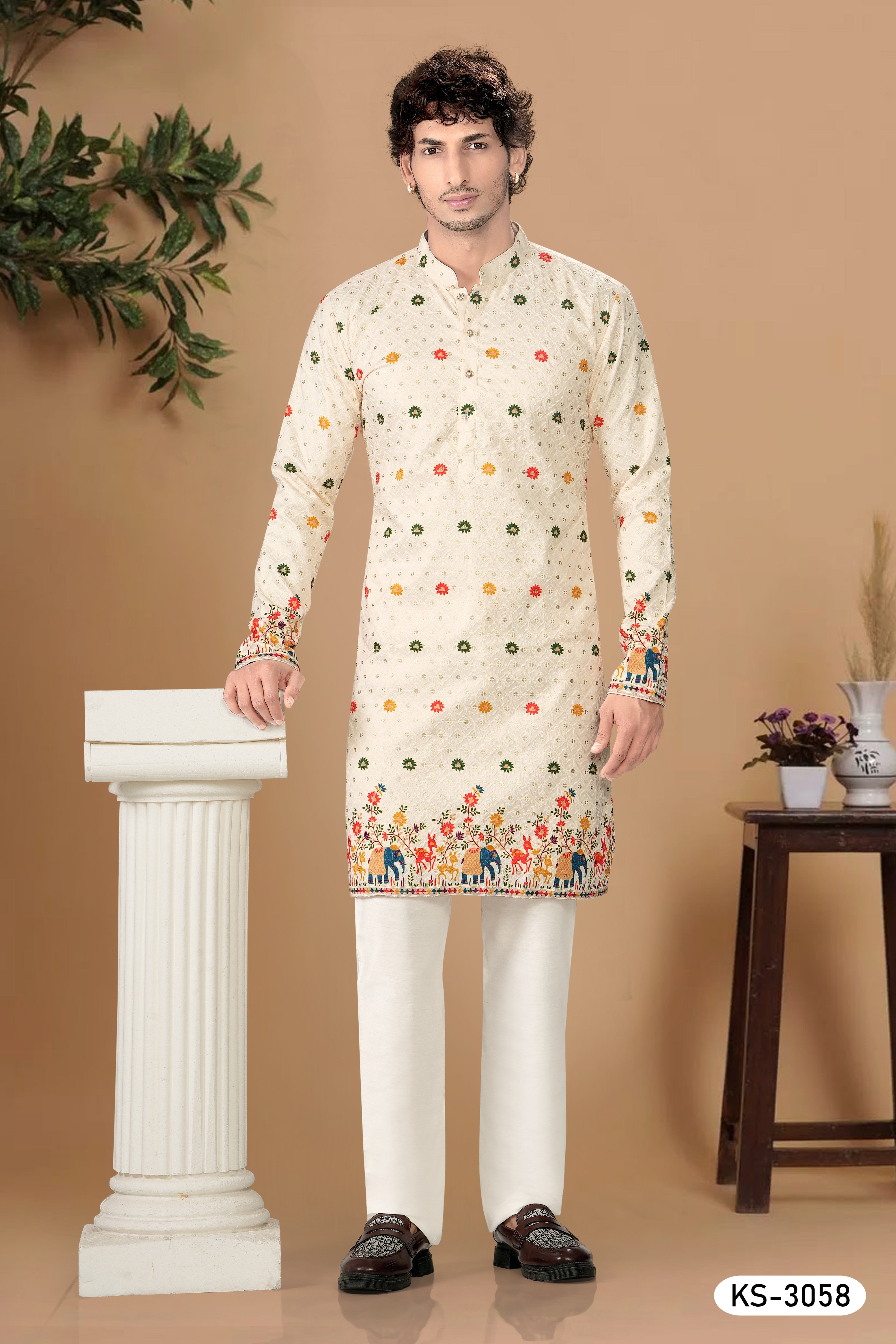KURTA SET WITH THREAD EMBROIDERY & HEAVY PANEL IN OFF-WHITE ( MULTI-TONE )