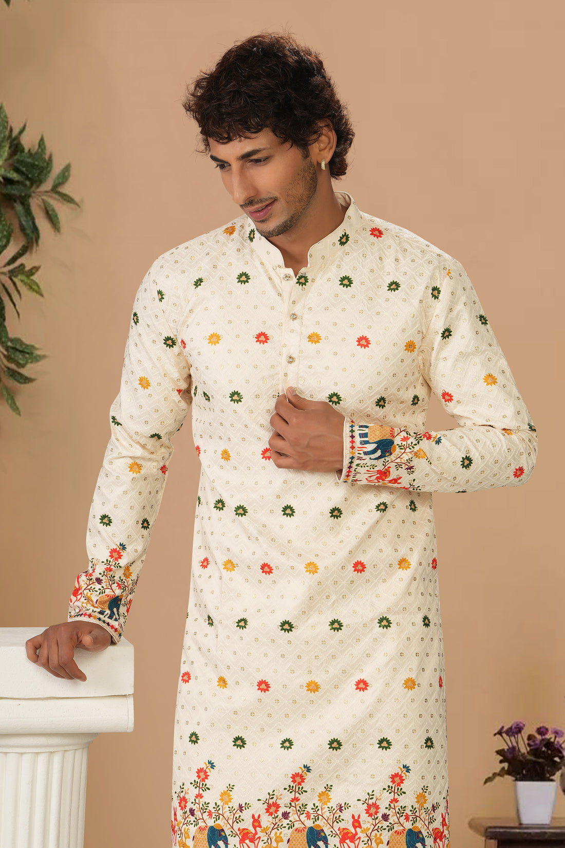 KURTA SET WITH THREAD EMBROIDERY & HEAVY PANEL IN OFF-WHITE ( MULTI-TONE )