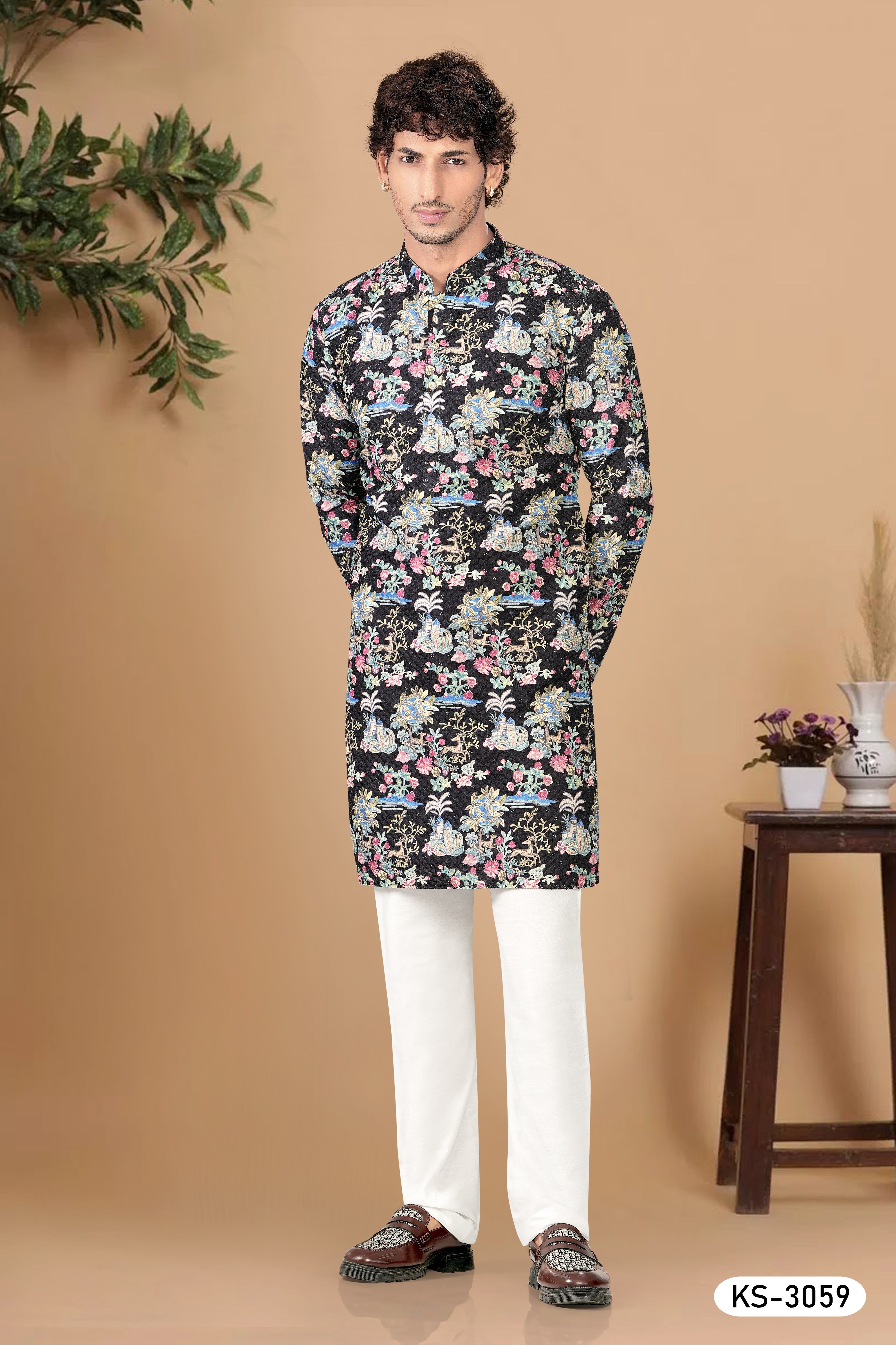 SOFT COTTON KURTA SET IN BLACK-BASE ( MULTI-TONE )