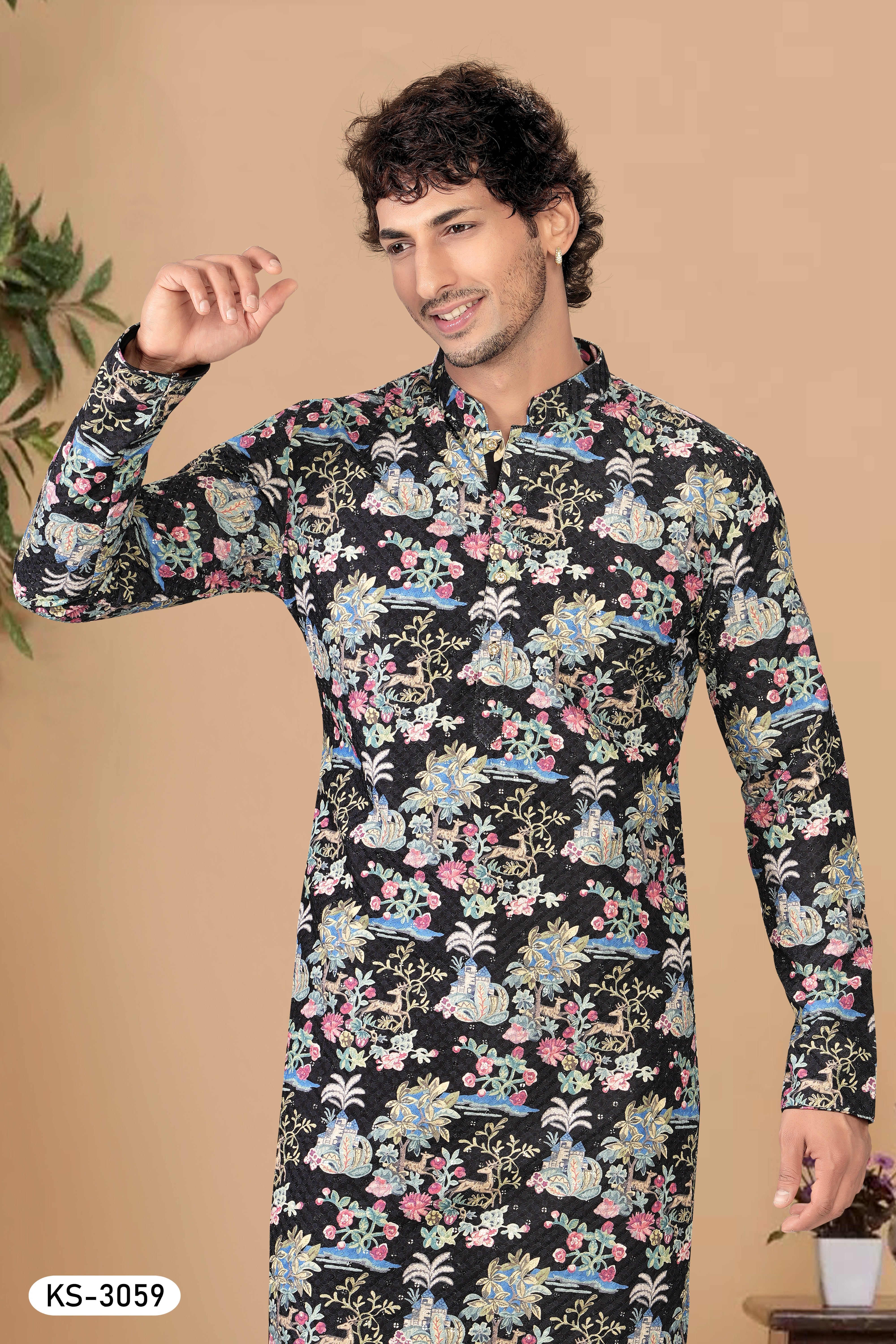 SOFT COTTON KURTA SET IN BLACK-BASE ( MULTI-TONE )