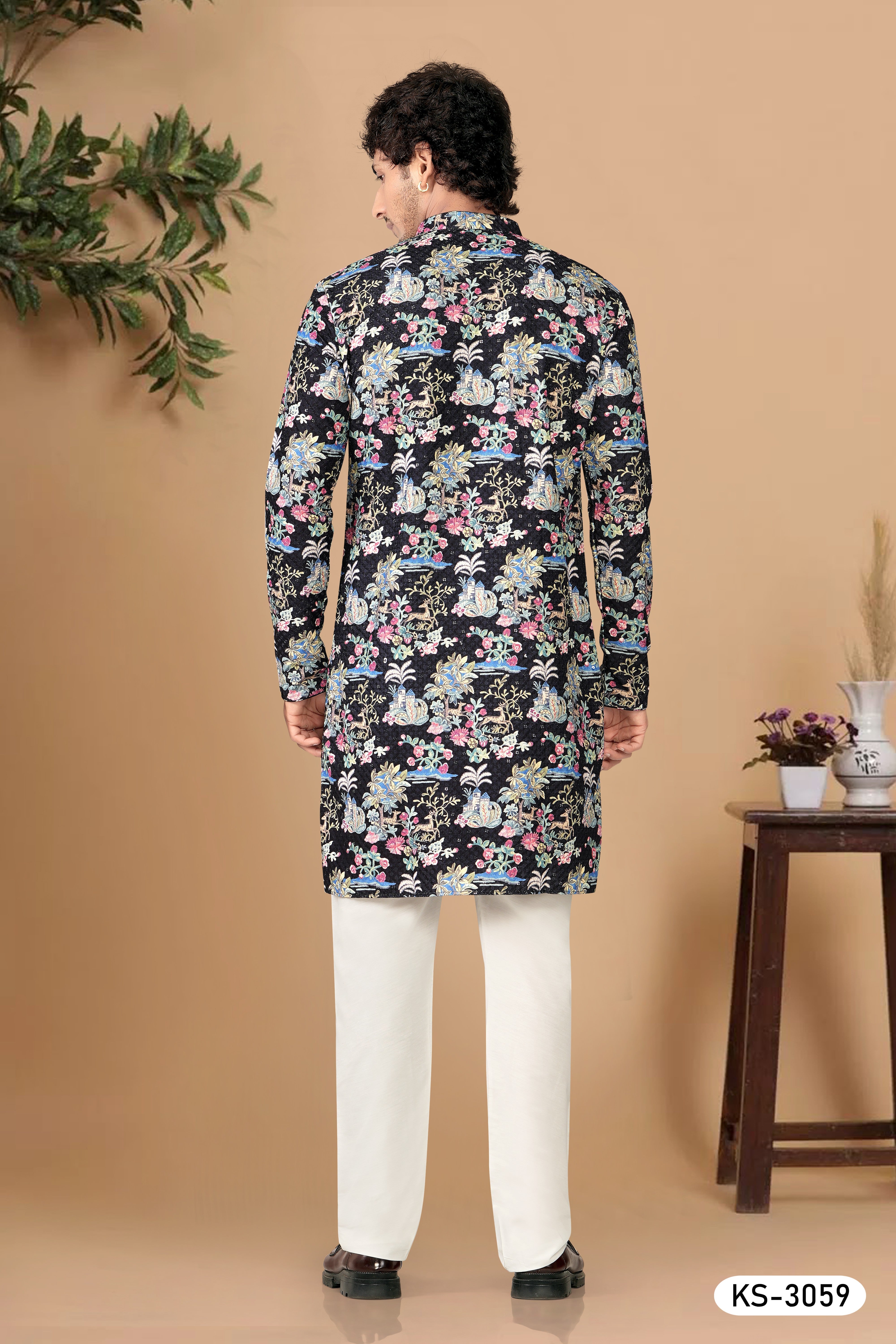 SOFT COTTON KURTA SET IN BLACK-BASE ( MULTI-TONE )