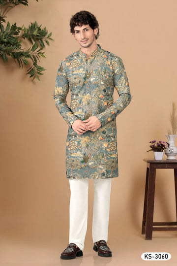 BLUISH-GREEN BASE ( MULTI-TONE ) KURTA SET WITH THREAD EMBROIDERY ALL-OVER