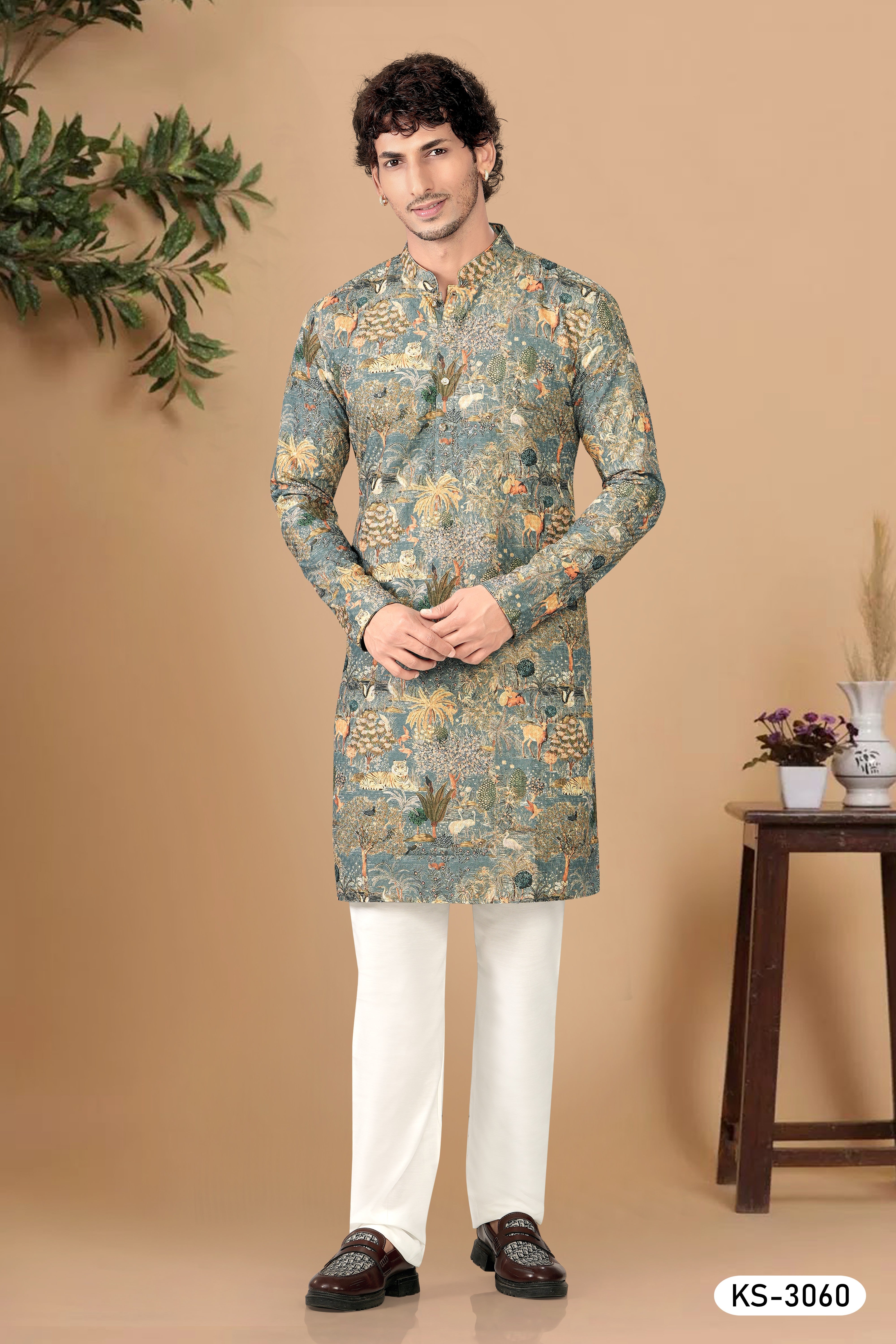 BLUISH-GREEN BASE ( MULTI-TONE ) KURTA SET WITH THREAD EMBROIDERY ALL-OVER