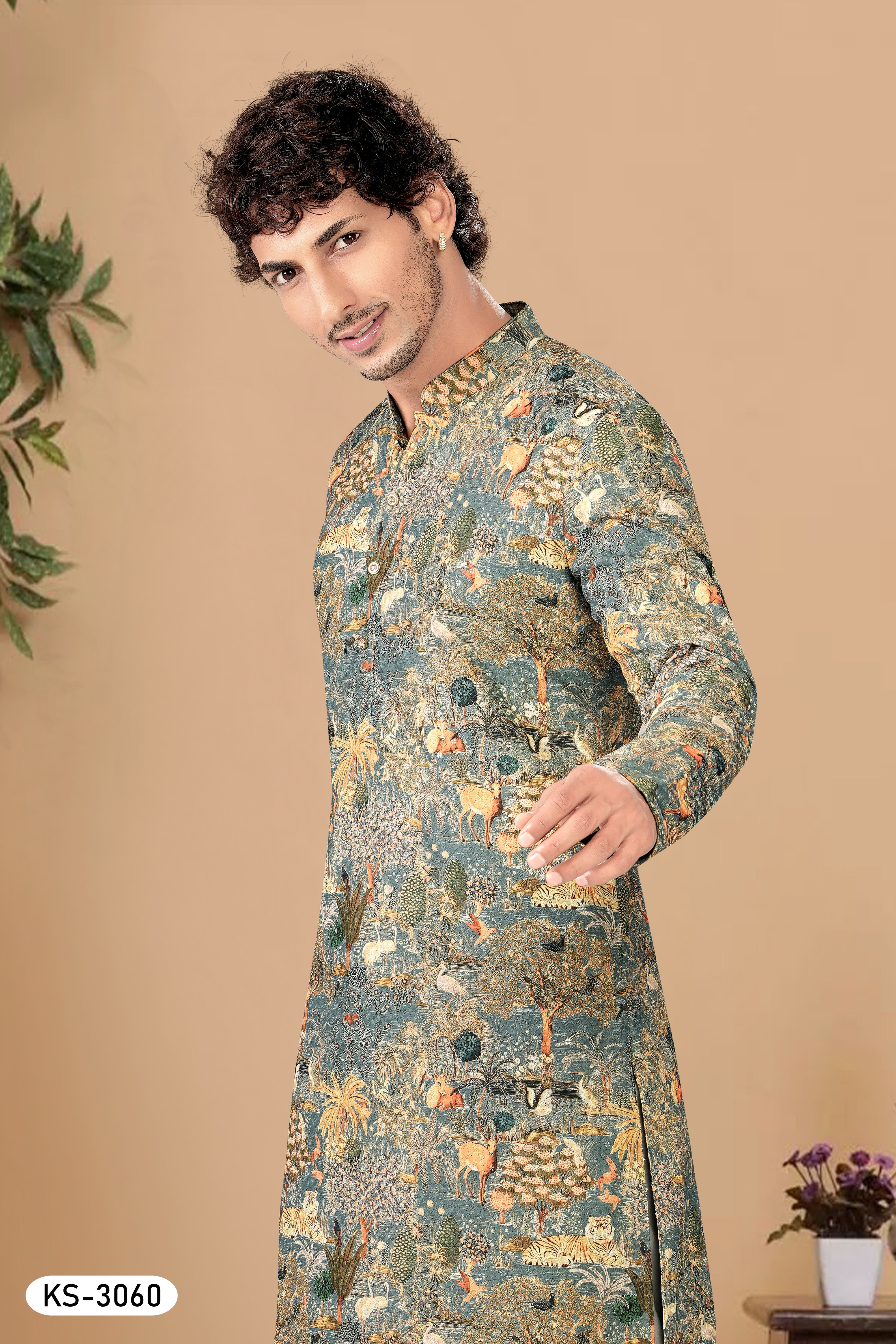 BLUISH-GREEN BASE ( MULTI-TONE ) KURTA SET WITH THREAD EMBROIDERY ALL-OVER