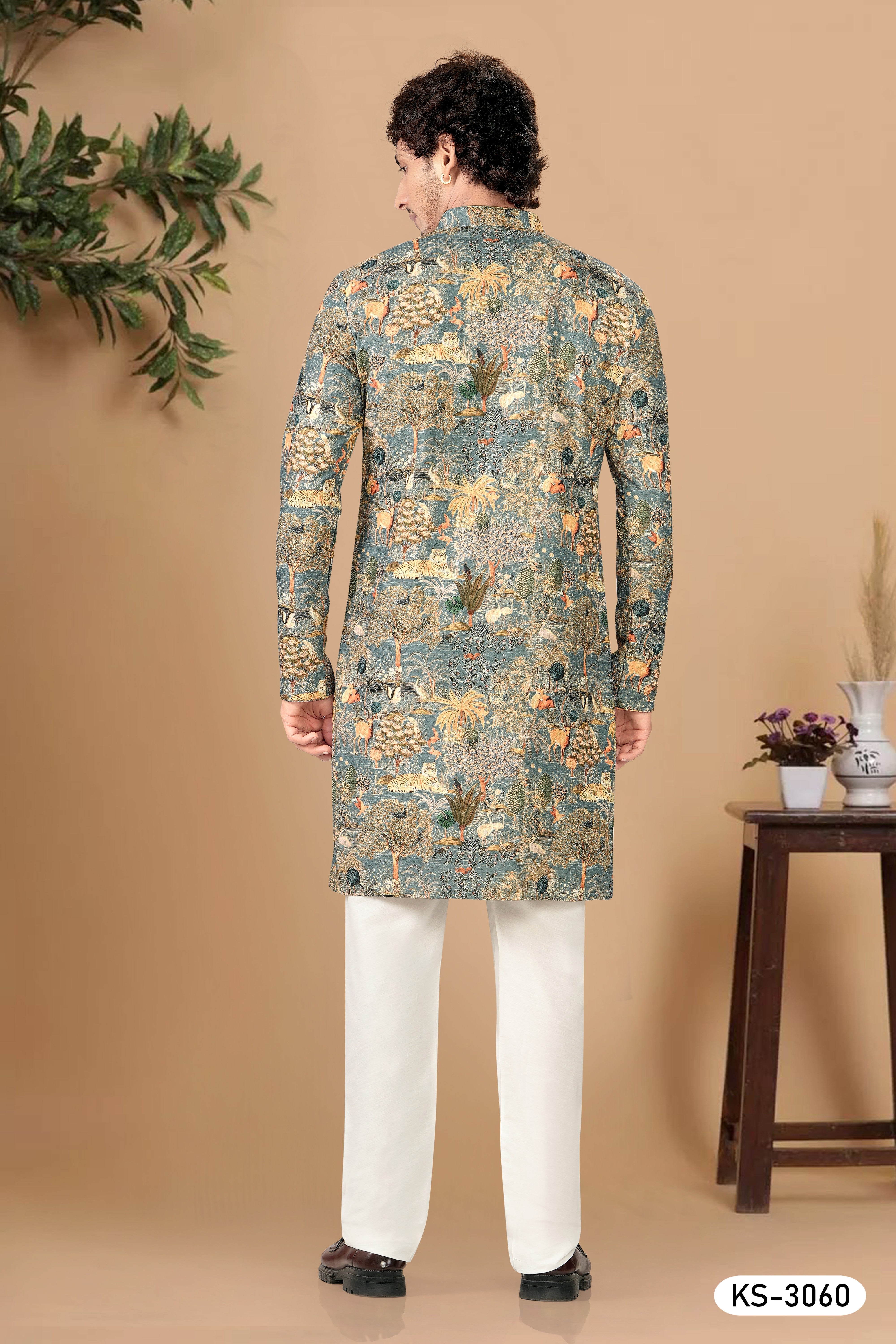 BLUISH-GREEN BASE ( MULTI-TONE ) KURTA SET WITH THREAD EMBROIDERY ALL-OVER
