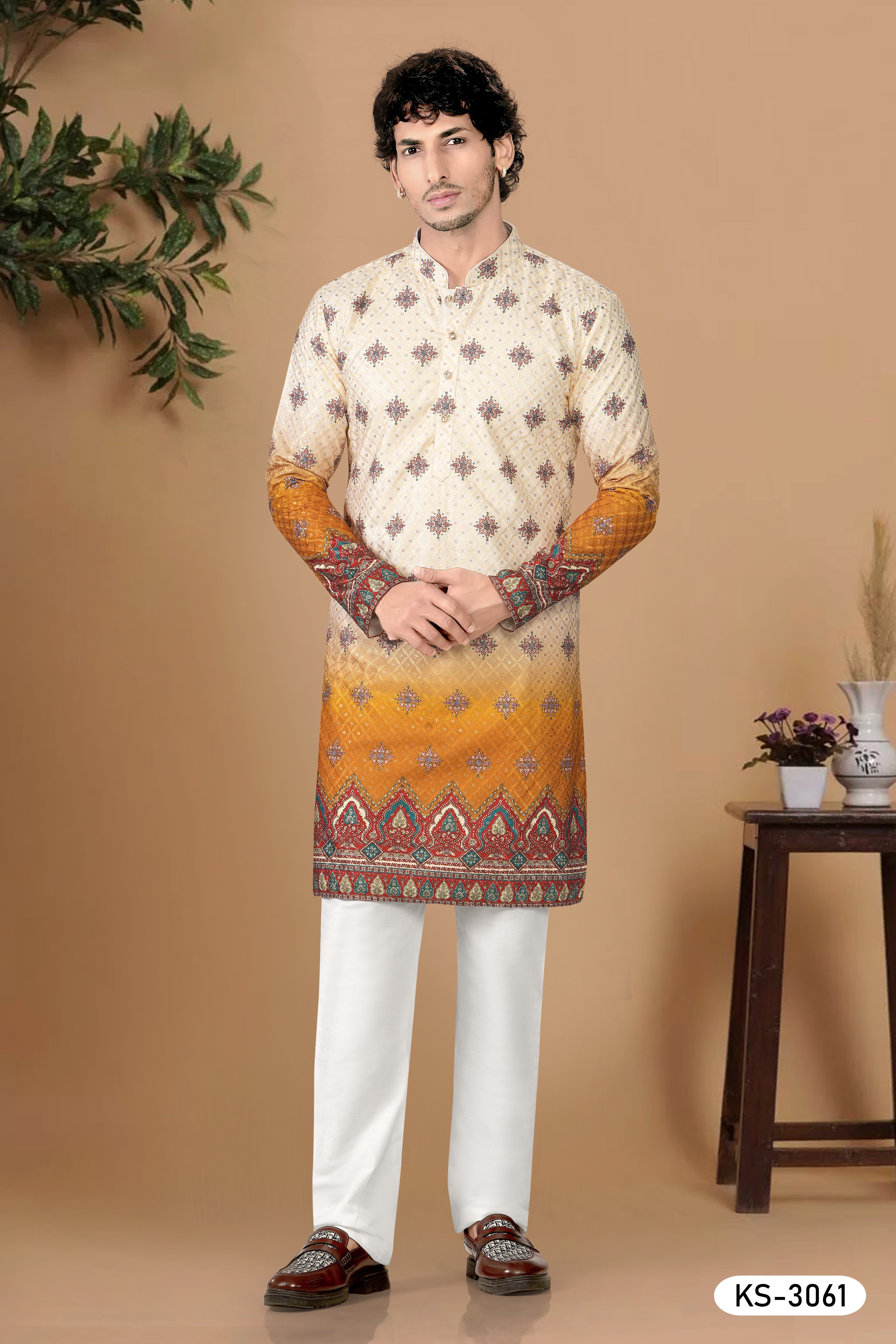CREAM-BASE ( MULTI-TONE ) KURTA SET WITH HEAVY PANEL EMBROIDERY