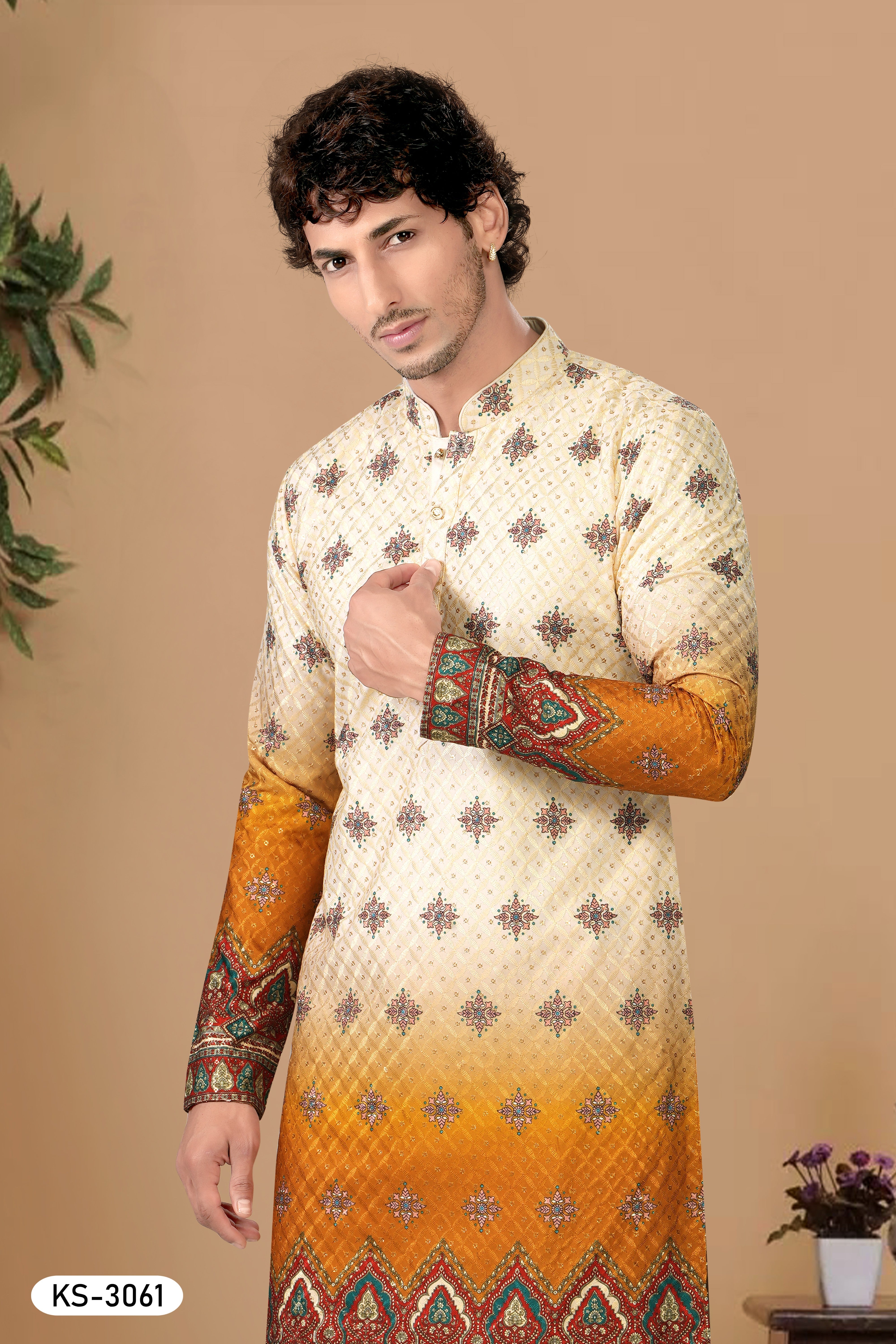 CREAM-BASE ( MULTI-TONE ) KURTA SET WITH HEAVY PANEL EMBROIDERY