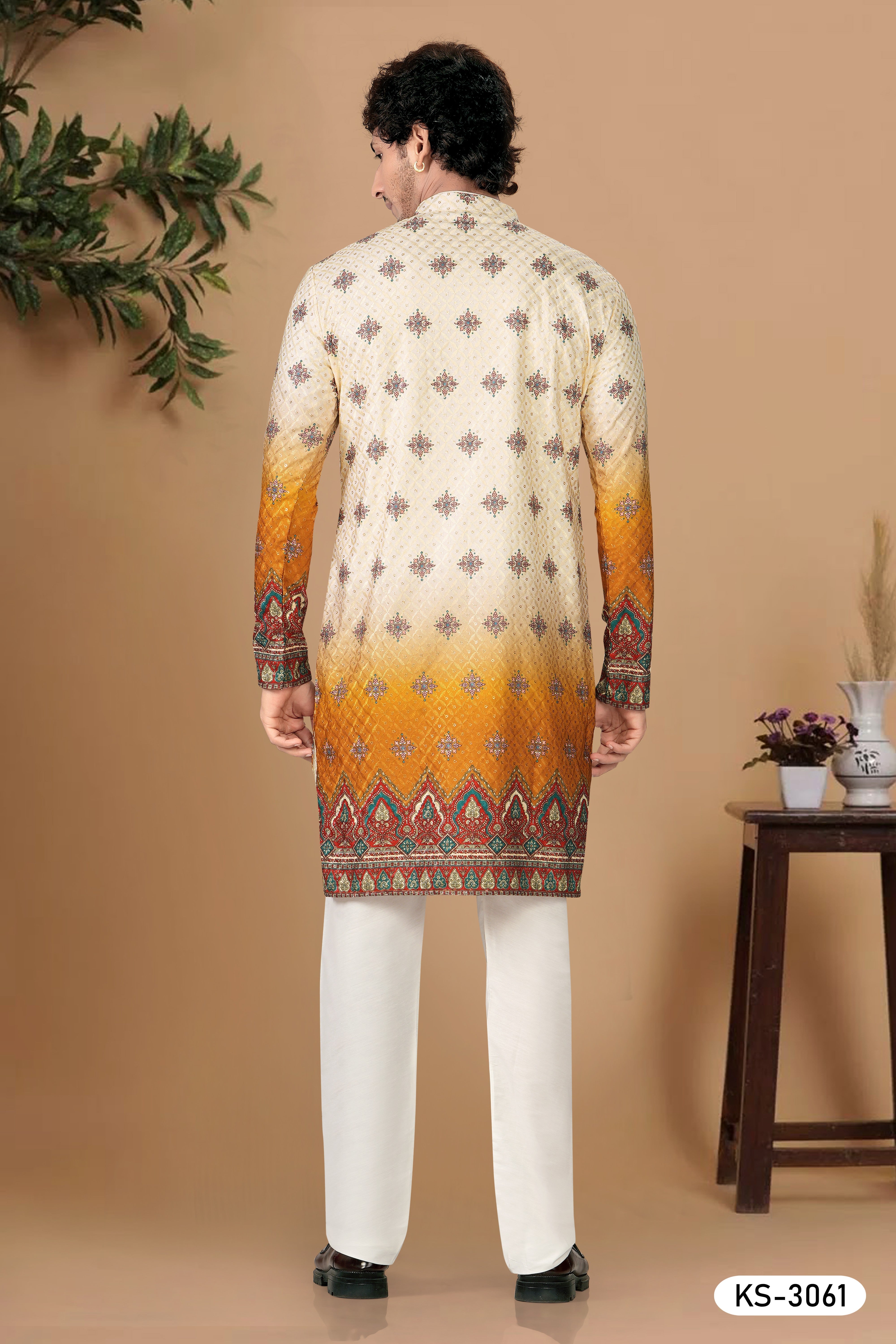 CREAM-BASE ( MULTI-TONE ) KURTA SET WITH HEAVY PANEL EMBROIDERY