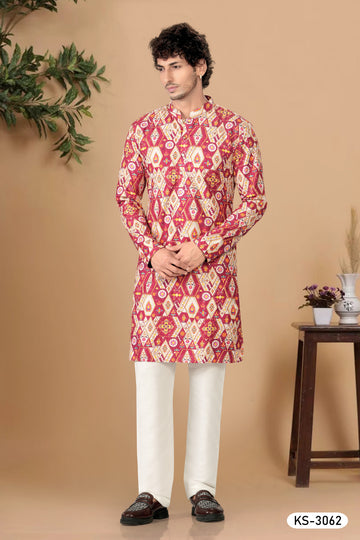 KURTA SET WITH ASTER & THREAD EMBROIDERY ALL-OVER IN RED HUE