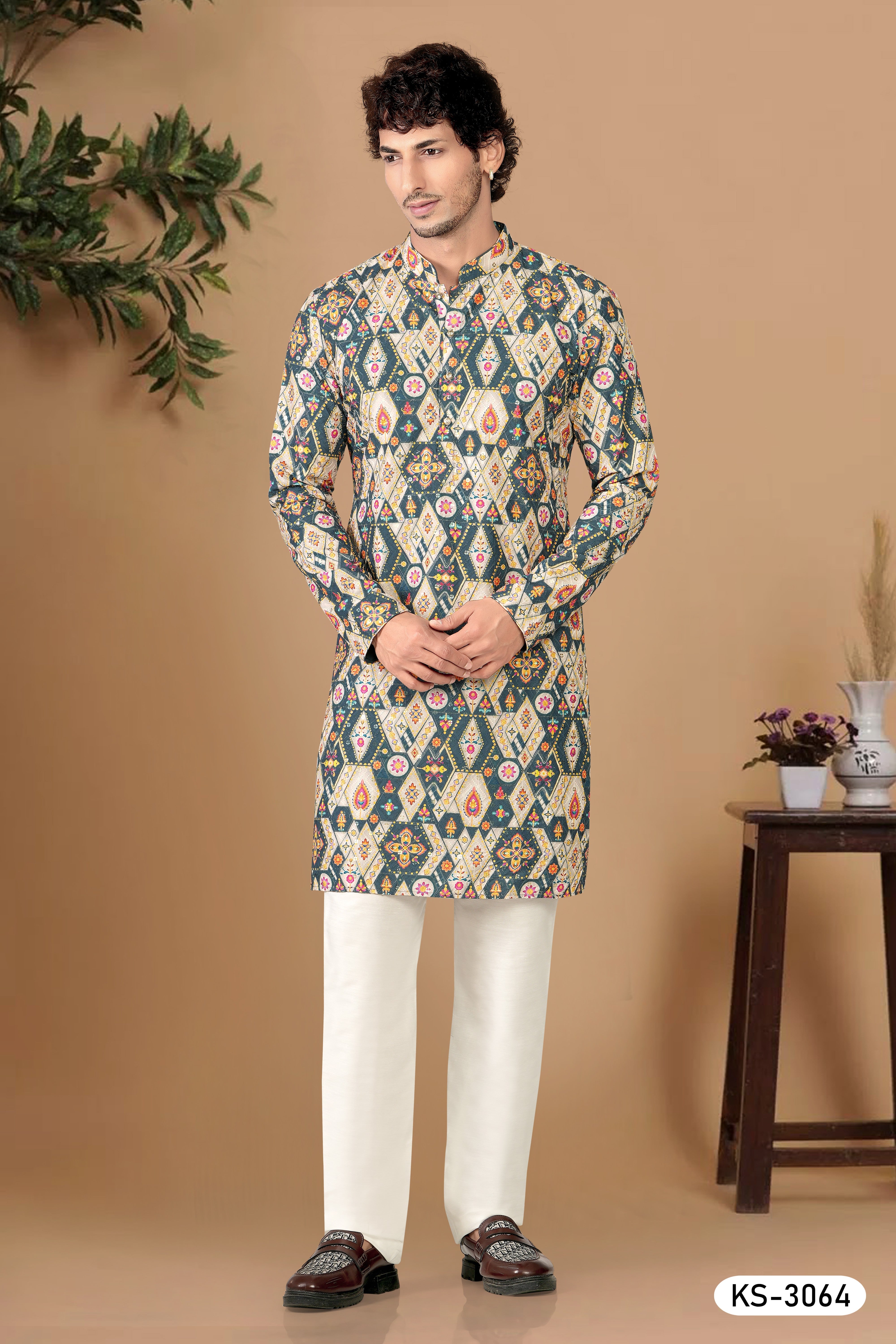 KURTA SET IN BLUE-BASE ( MULTI-TONE ) WITH THREAD EMBROIDERY ALL-OVER