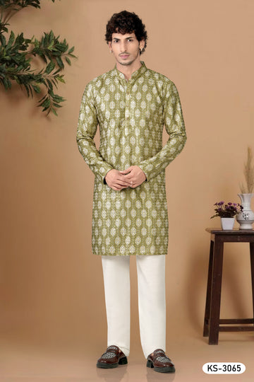 GREEN-BASE KURTA SET WITH ASTER & THREAD EMBROIDERY ALL-OVER