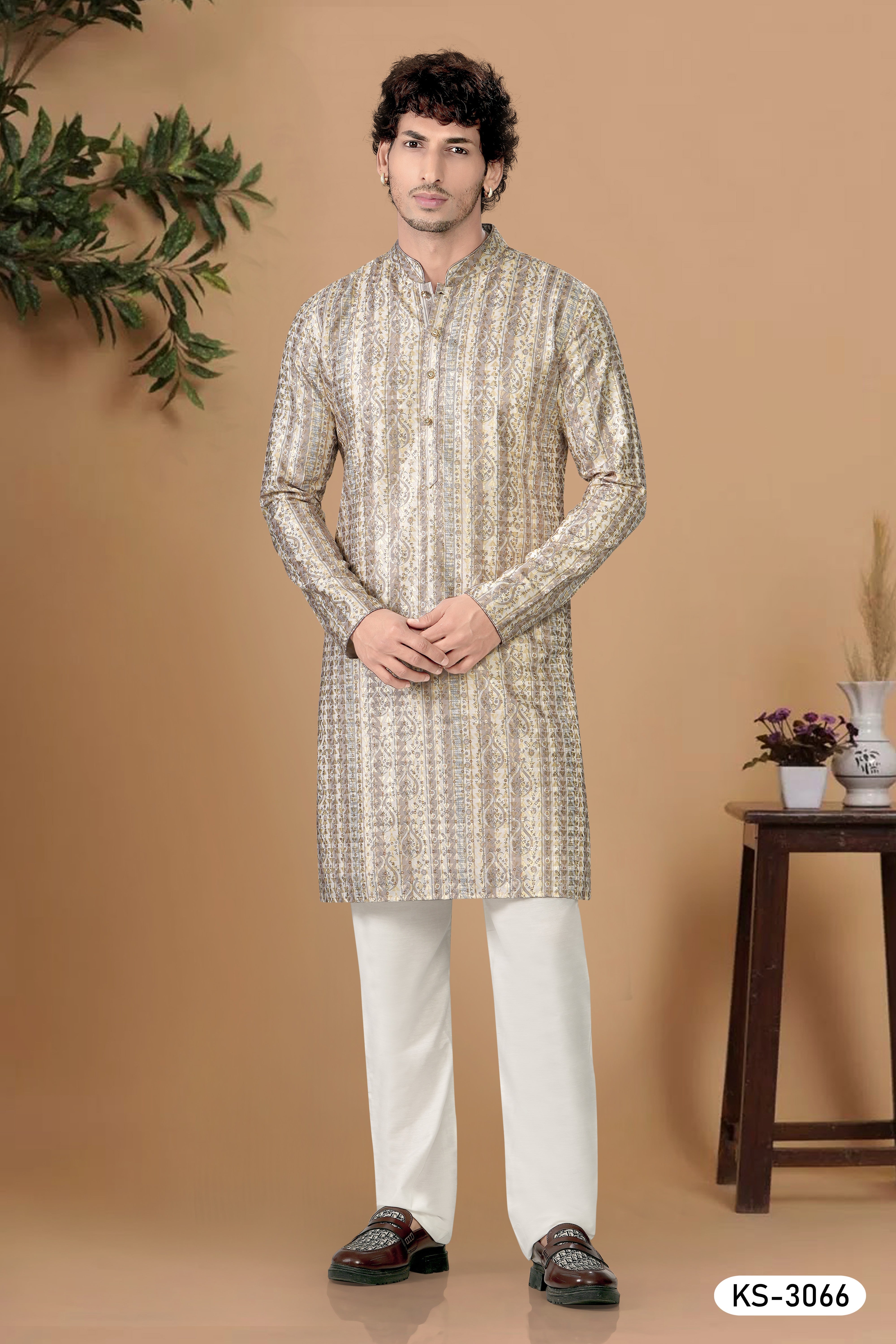 KURTA SET IN CREAM-BASE WITH ASTER & THREAD EMBROIDERY ALL-OVER