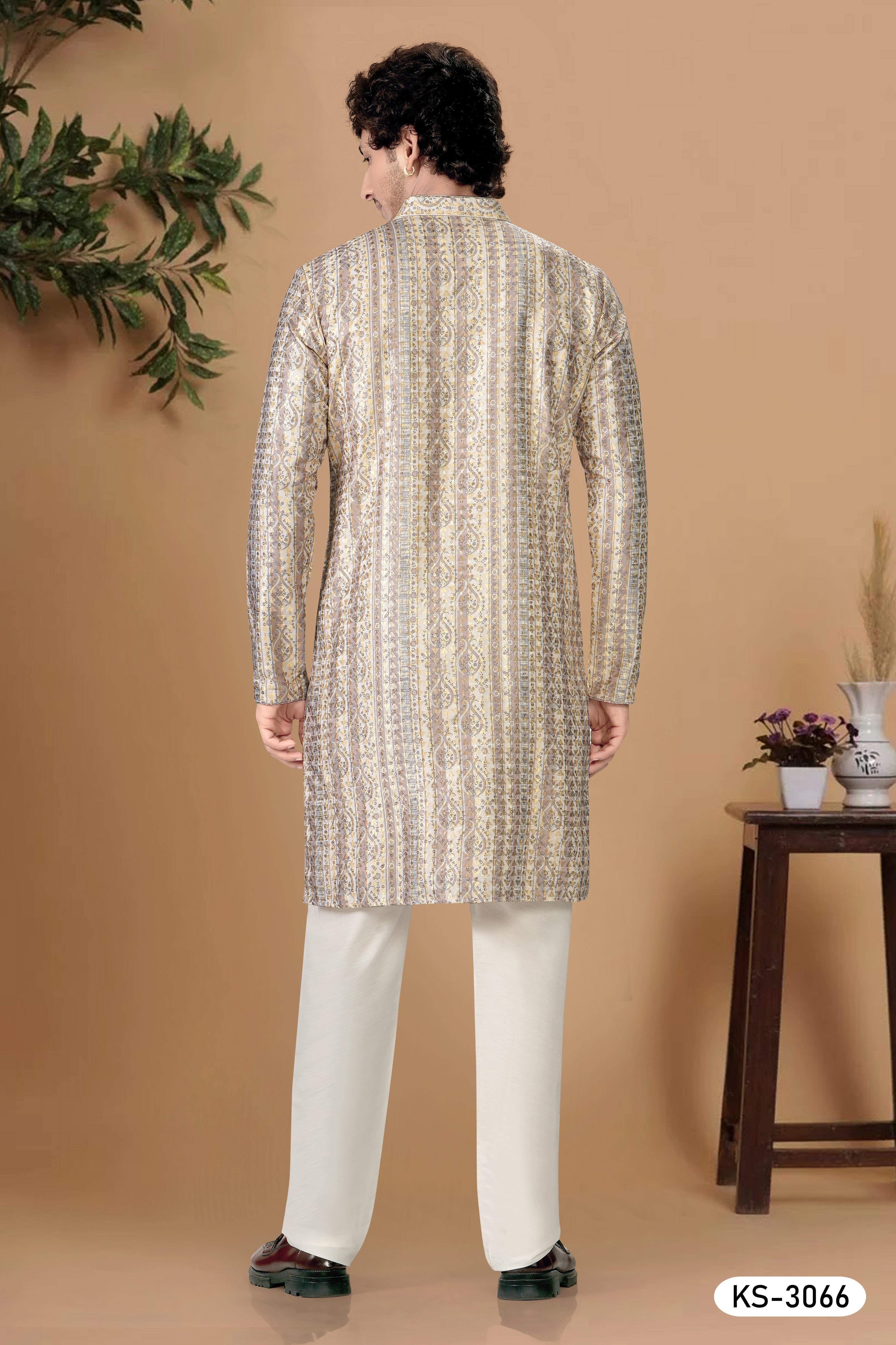 KURTA SET IN CREAM-BASE WITH ASTER & THREAD EMBROIDERY ALL-OVER
