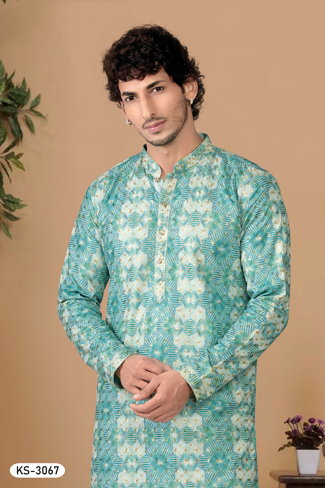 BLUISH-GREEN HUE KURTA SET WITH THREAD EMBROIDERY ALL-OVER