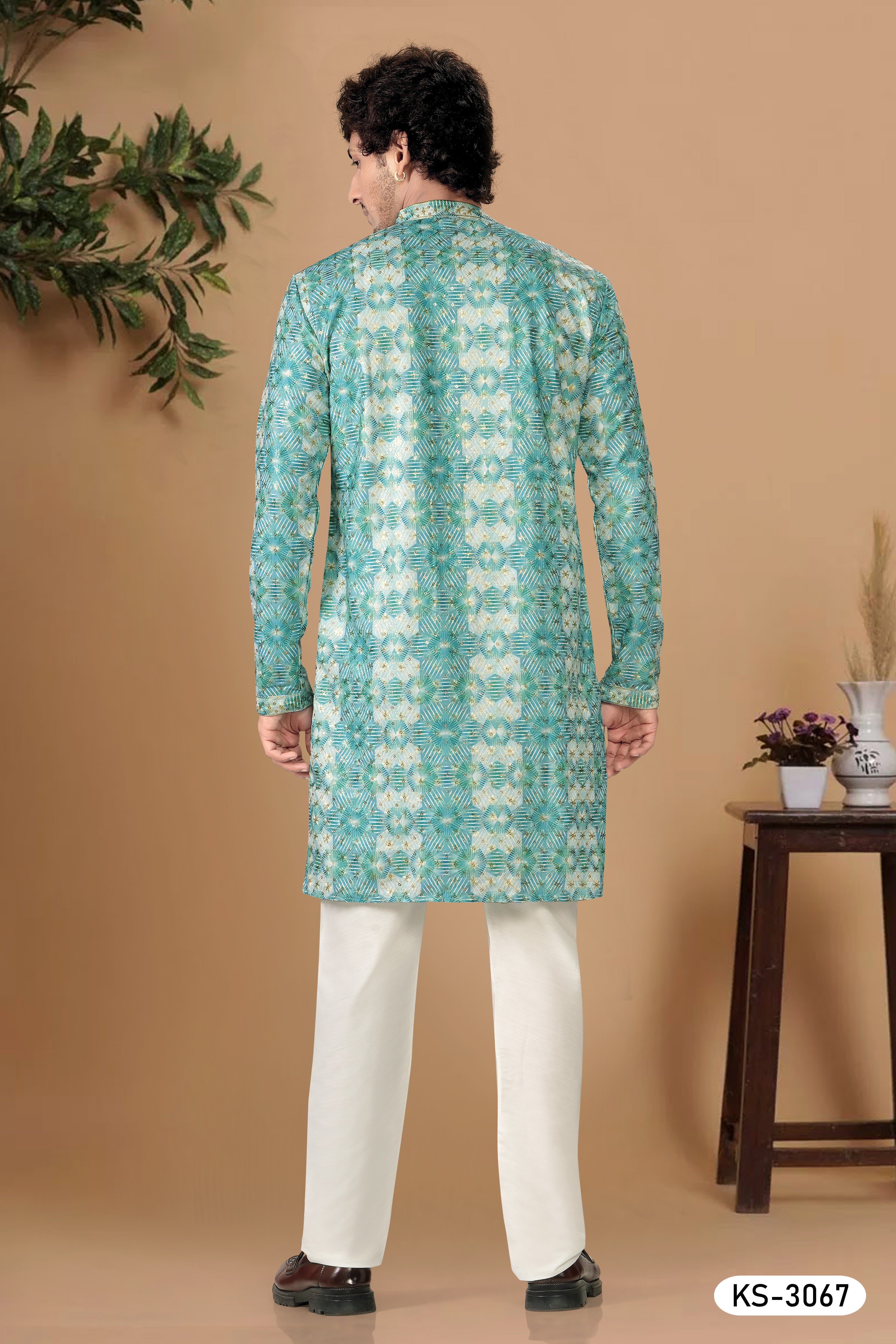 BLUISH-GREEN HUE KURTA SET WITH THREAD EMBROIDERY ALL-OVER