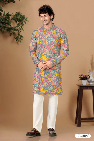 KURTA SET IN GREY-BASE ( MULTI-TONE ) WITH THREAD EMBROIDERY