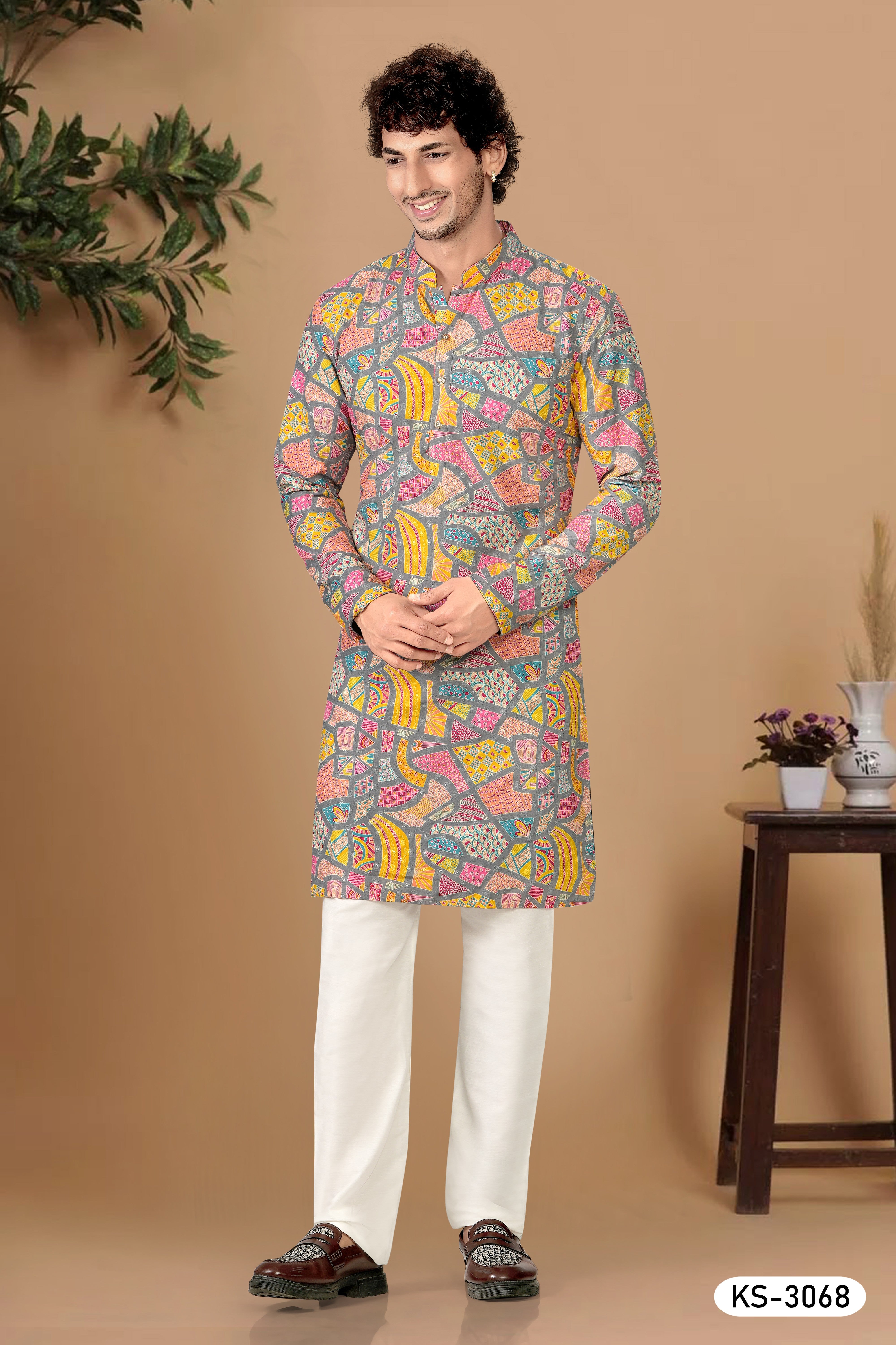 KURTA SET IN GREY-BASE ( MULTI-TONE ) WITH THREAD EMBROIDERY