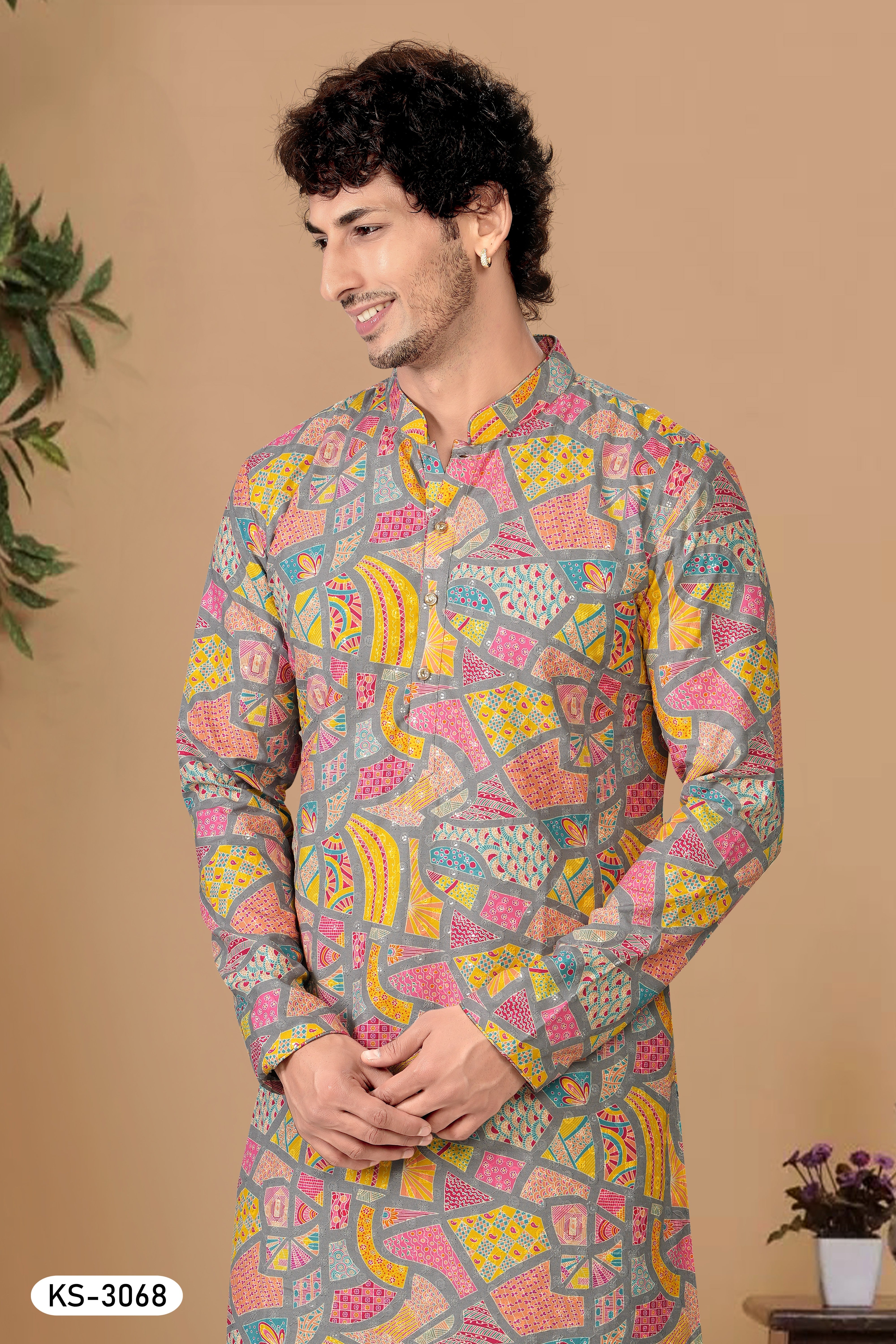 KURTA SET IN GREY-BASE ( MULTI-TONE ) WITH THREAD EMBROIDERY