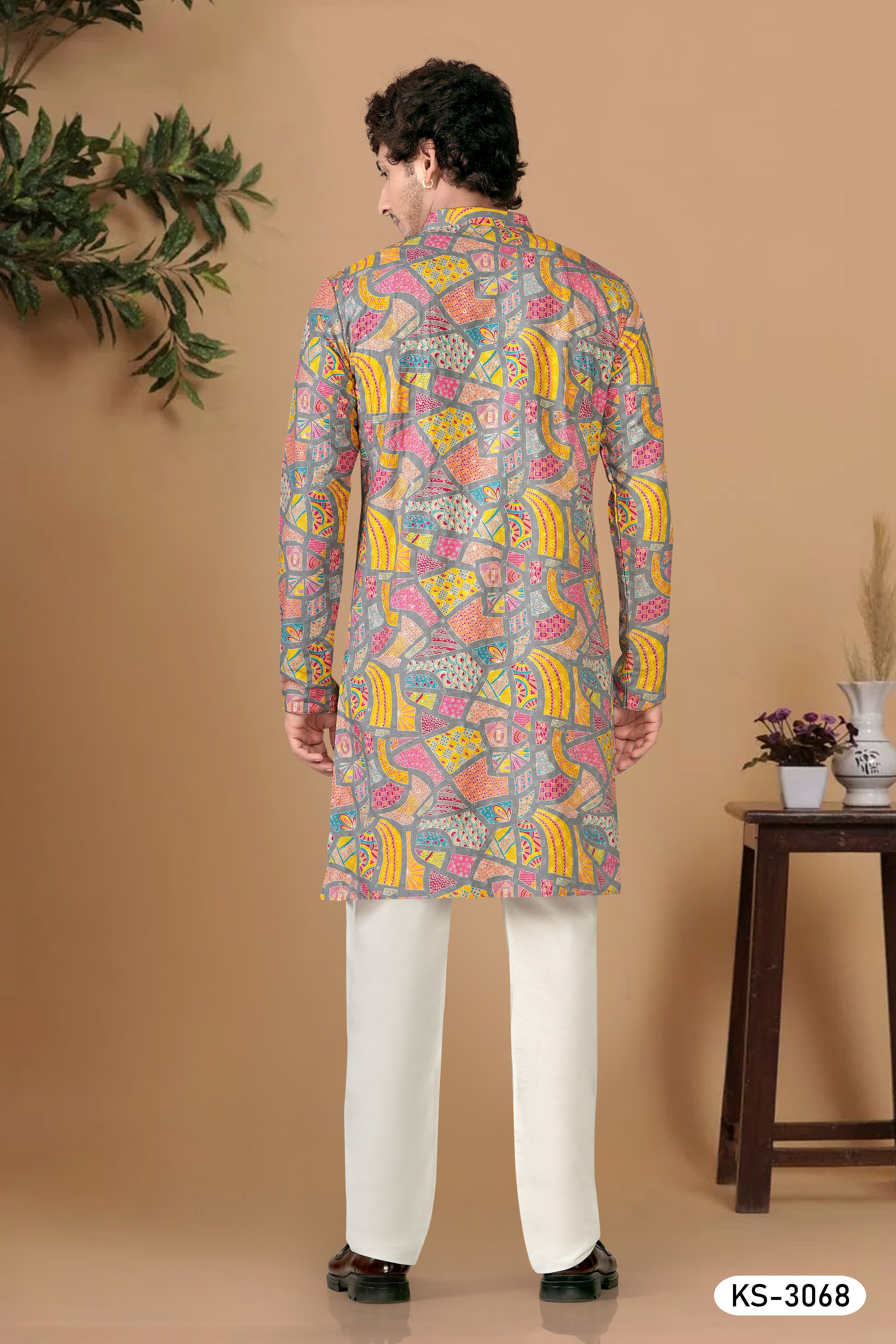 KURTA SET IN GREY-BASE ( MULTI-TONE ) WITH THREAD EMBROIDERY