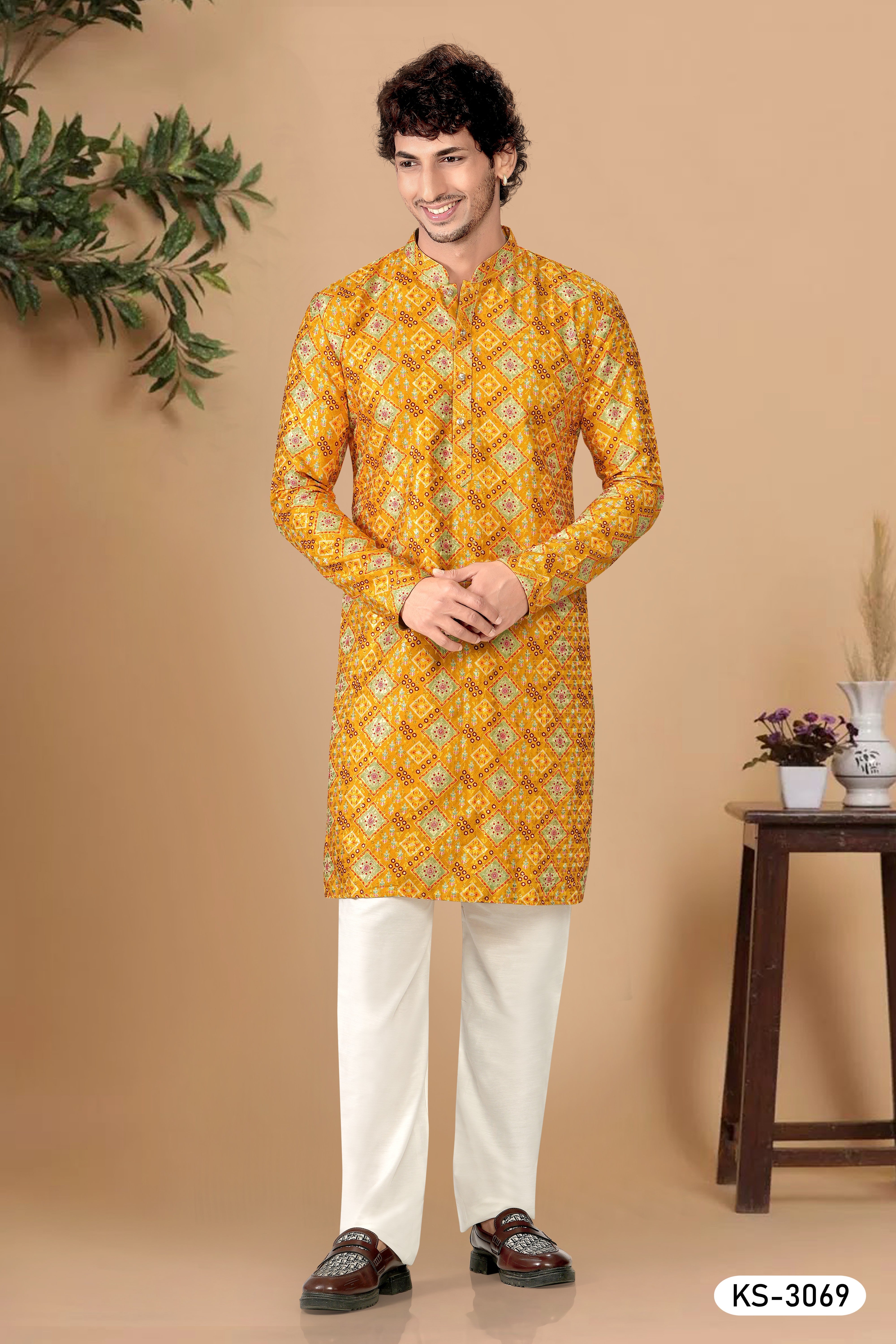YELLOW TONE KURTA SET WITH ALL-OVER THREAD EMBROIDERY